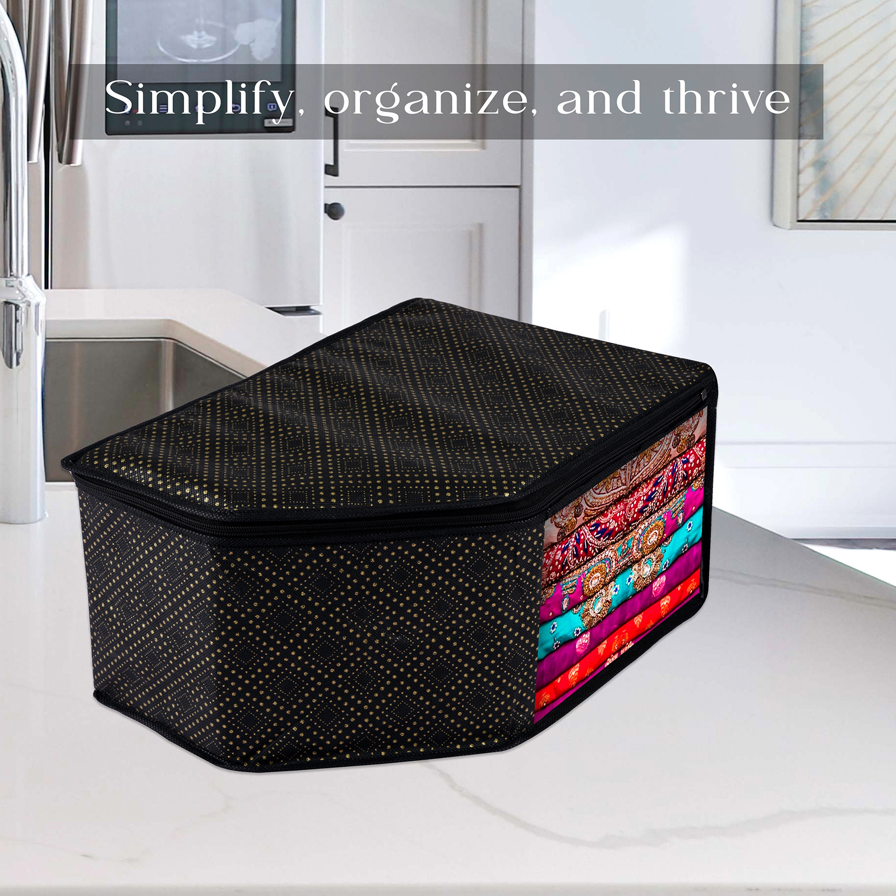 Kuber Industries Blouse Cover  Clothes Storage Bag  Zipper Closure Wardrobe Organizers  Clothes Organizer with Transparent Window  Golden-Dot Clothes Bag Black