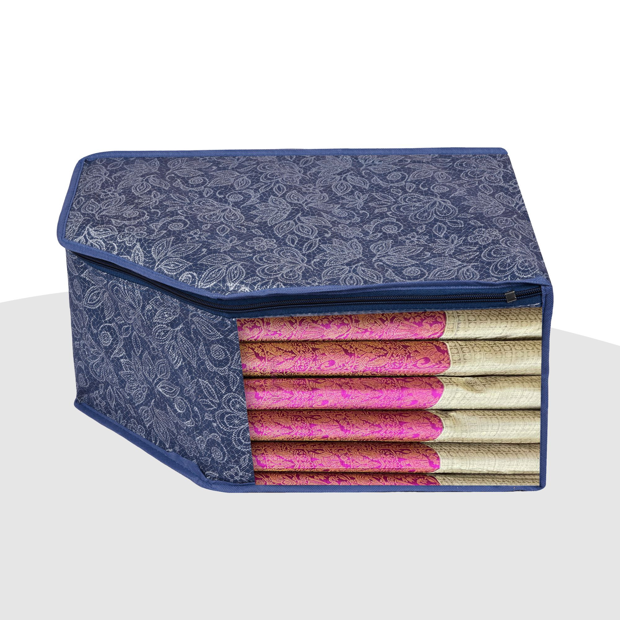 Kuber Industries Blouse Storage Bag  Clothes Storage Bag  Visible Window Wardrobe Bag  Clothes Organizer  Blouse Bag for Travel  Flower Printed  Pack of 3  Navy Blue