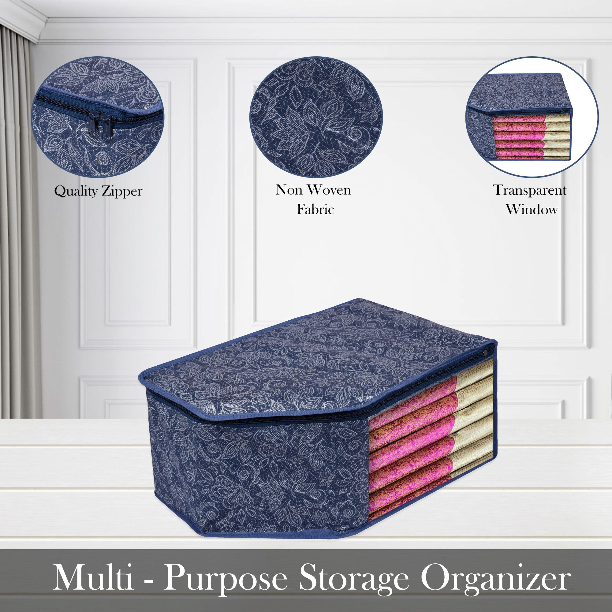 Kuber Industries Blouse Storage Bag  Clothes Storage Bag  Visible Window Wardrobe Bag  Clothes Organizer  Blouse Bag for Travel  Flower Printed  Pack of 3  Navy Blue