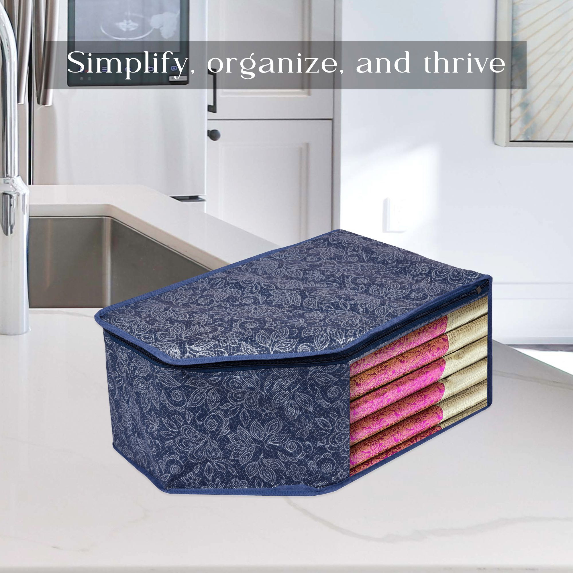 Kuber Industries Blouse Storage Bag  Clothes Storage Bag  Visible Window Wardrobe Bag  Clothes Organizer  Blouse Bag for Travel  Flower Printed  Pack of 3  Navy Blue