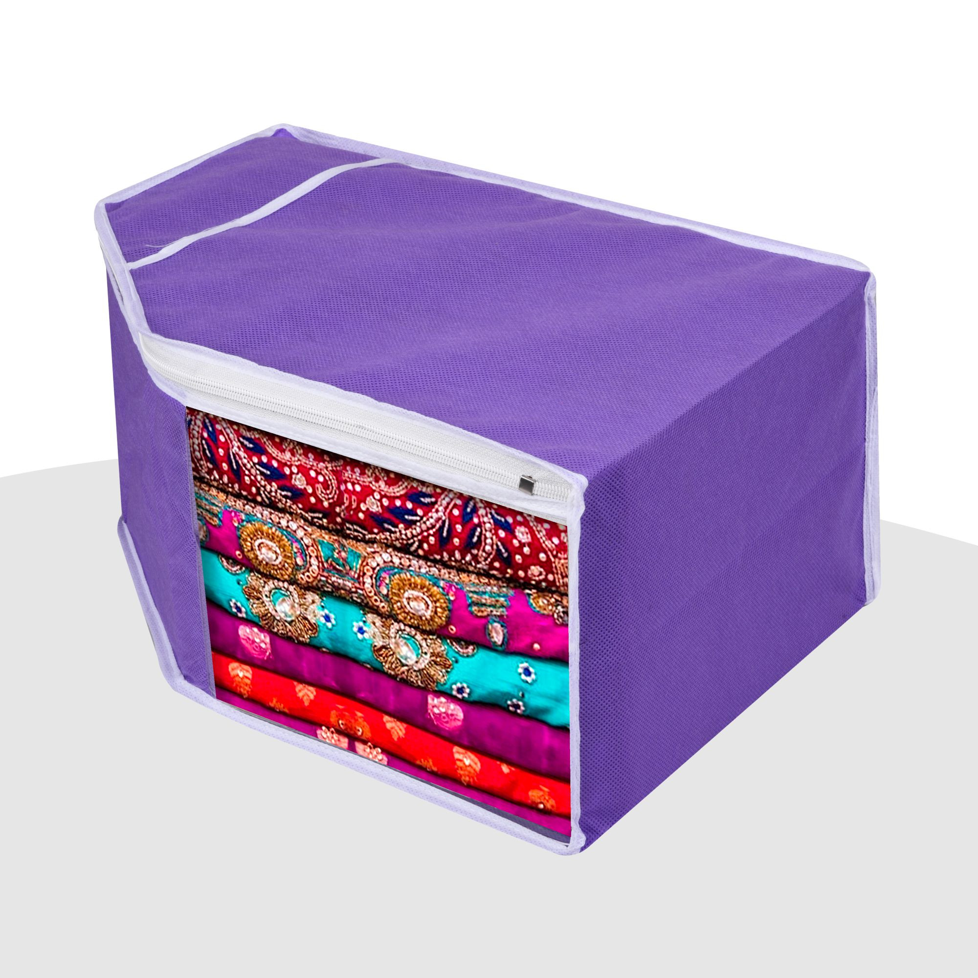 Kuber Industries Blouse Storage Bag  Clothes Storage Bag  Visible Window Wardrobe Bag  Clothes Organizer  Blouse Cover Bag for Travel  White Piping  Pack of 3  Purple