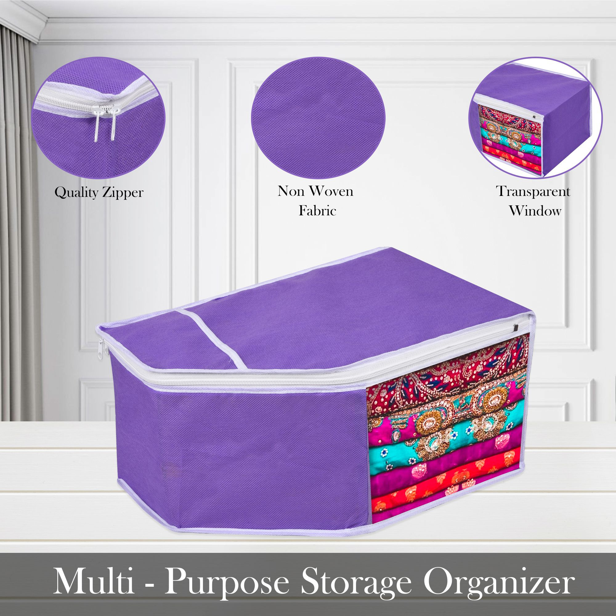 Kuber Industries Blouse Storage Bag  Clothes Storage Bag  Visible Window Wardrobe Bag  Clothes Organizer  Blouse Cover Bag for Travel  White Piping  Pack of 3  Purple