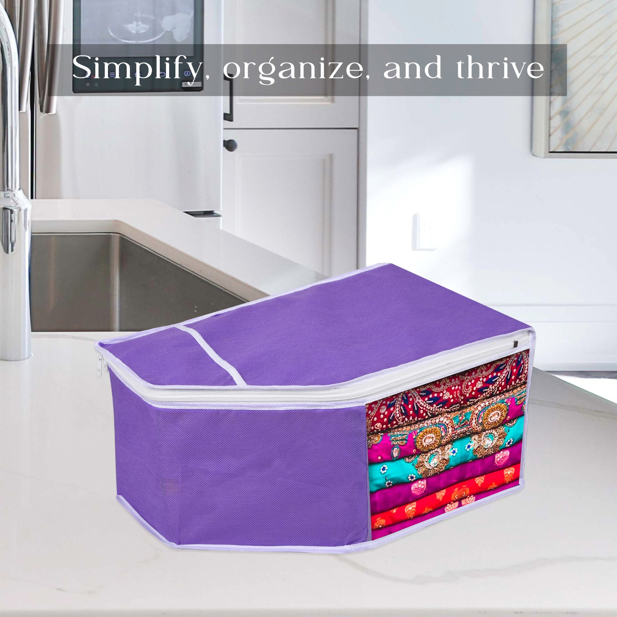 Kuber Industries Blouse Storage Bag  Clothes Storage Bag  Visible Window Wardrobe Bag  Clothes Organizer  Blouse Cover Bag for Travel  White Piping  Pack of 3  Purple