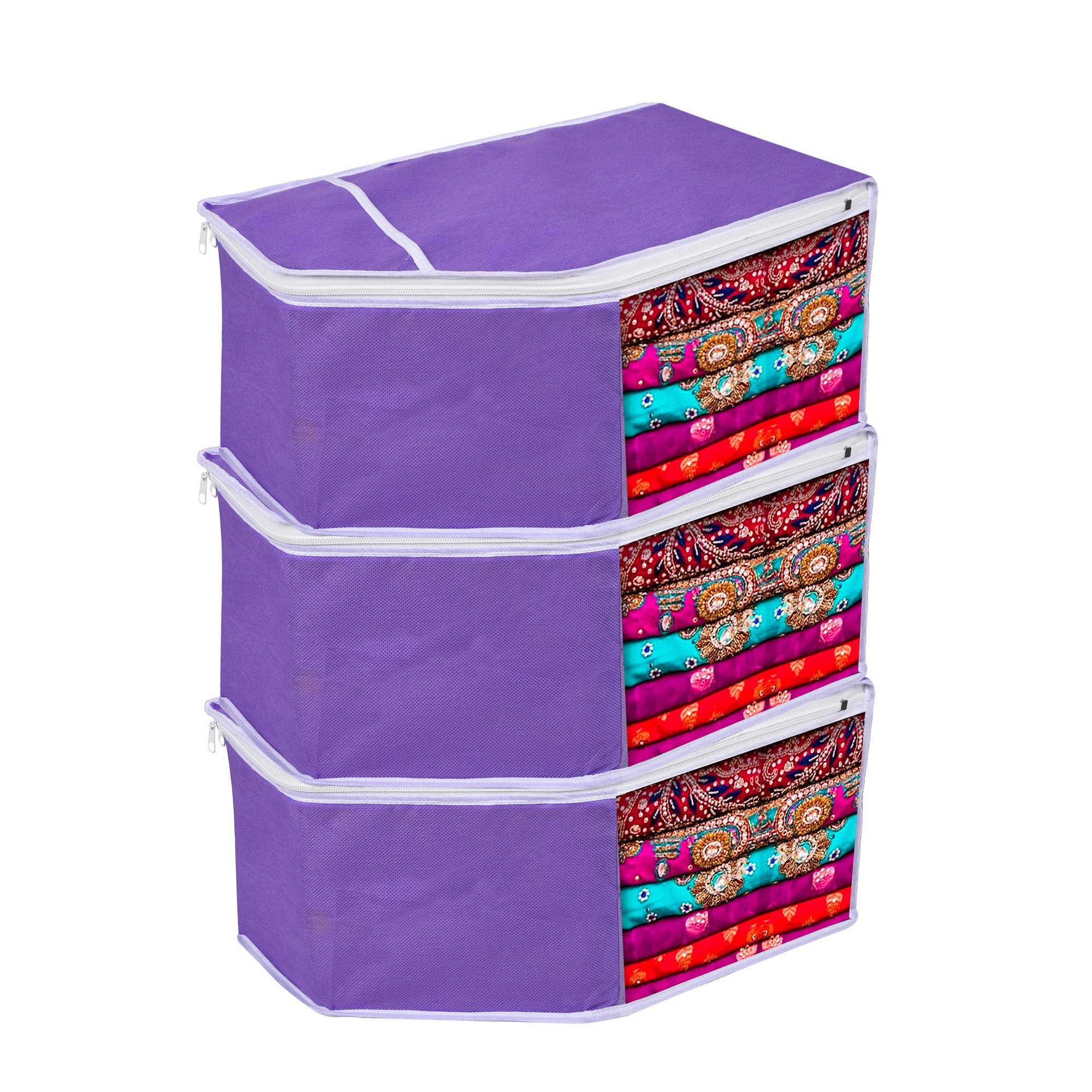 Kuber Industries Blouse Storage Bag | Clothes Storage Bag | Visible Window Wardrobe Bag | Clothes Organizer | Blouse Cover Bag for Travel | White Piping |Purple