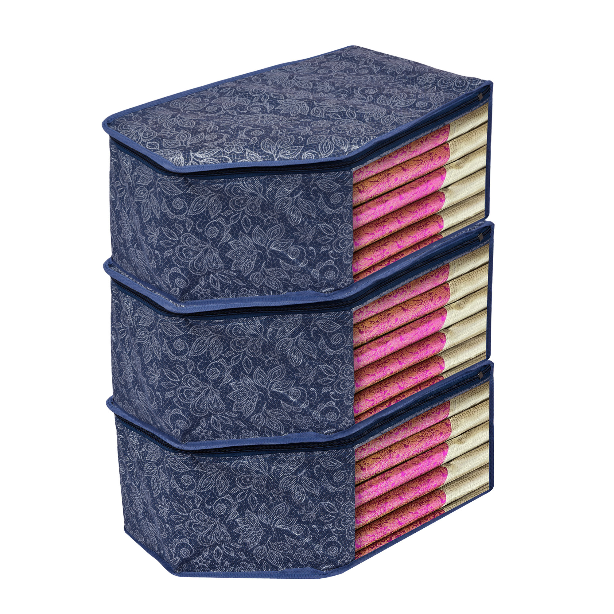 Kuber Industries Blouse Storage Bag  Clothes Storage Bag  Visible Window Wardrobe Bag  Clothes Organizer  Blouse Bag for Travel  Flower Printed Navy Blue
