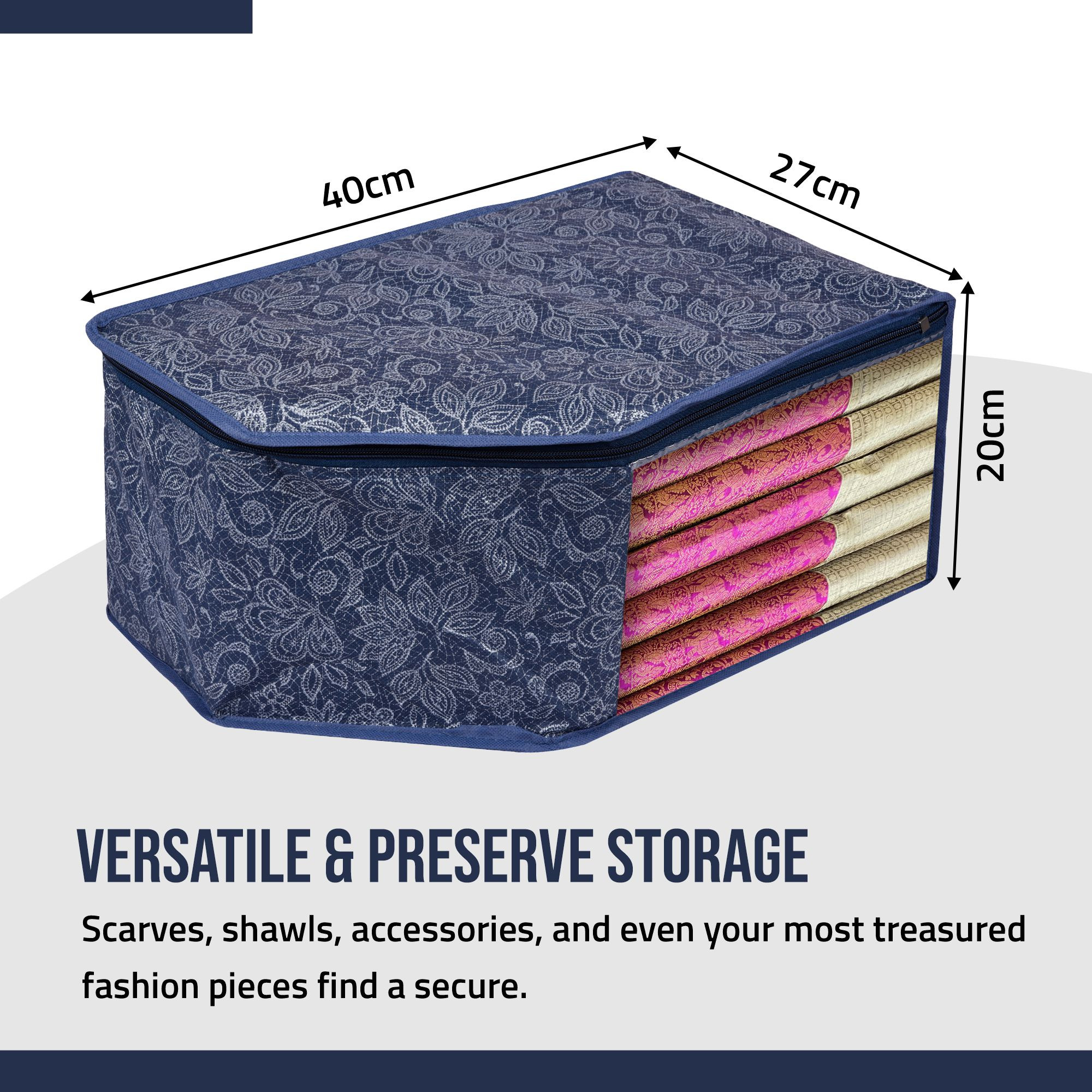 Kuber Industries Blouse Storage Bag  Clothes Storage Bag  Visible Window Wardrobe Bag  Clothes Organizer  Blouse Bag for Travel  Flower Printed Navy Blue