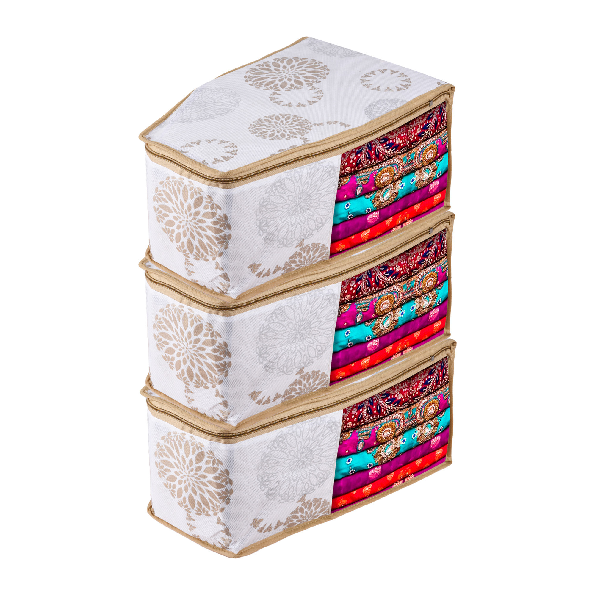 Kuber Industries Blouse Storage Bag | Clothes Storage Bag | Visible Window Wardrobe Bag | Zipper Clothes Organizer | Blouse Bag for Travel | Gola-Print | White