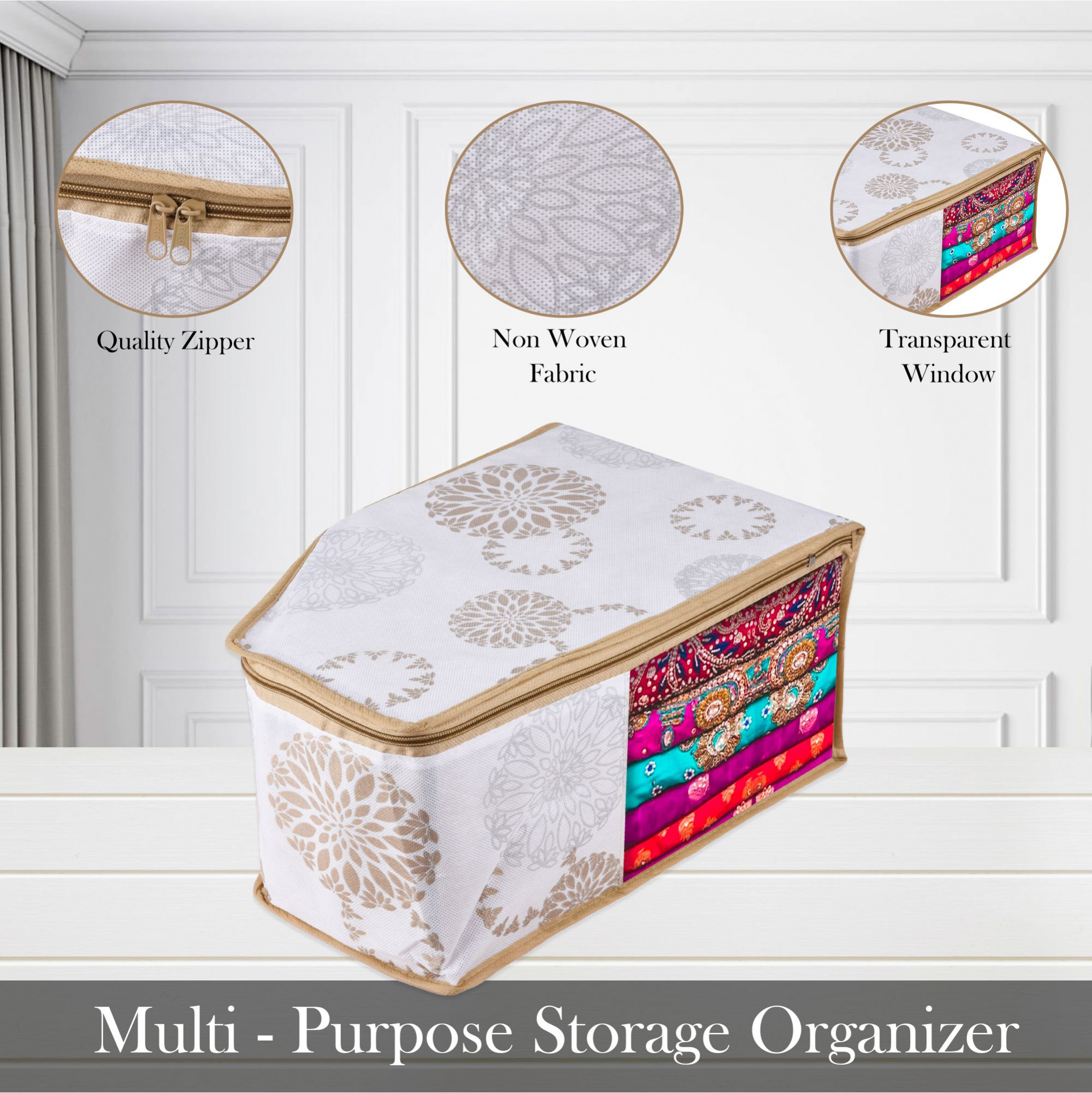 Kuber Industries Blouse Storage Bag | Clothes Storage Bag | Visible Window Wardrobe Bag | Zipper Clothes Organizer | Blouse Bag for Travel | Gola-Print | White