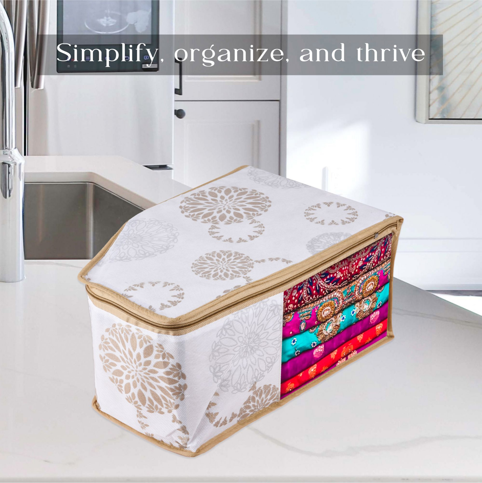 Kuber Industries Blouse Storage Bag | Clothes Storage Bag | Visible Window Wardrobe Bag | Zipper Clothes Organizer | Blouse Bag for Travel | Gola-Print | White