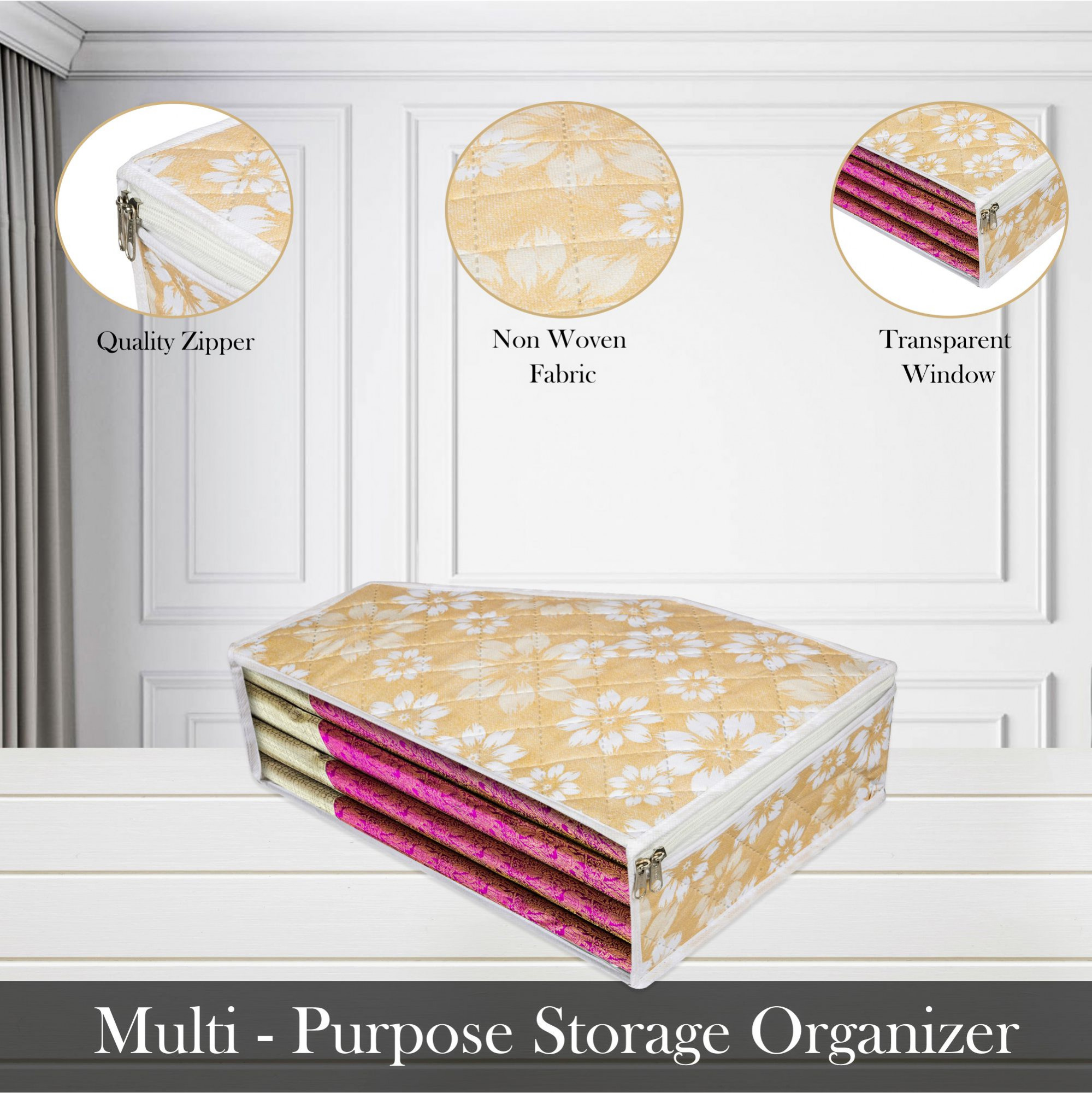 Kuber Industries Blouse Storage Bag  Waterproof Blouse Bag  Side Visible Window Bag  Wardrobe Clothes Organizer  Blouse Protector Bag  Flower Quilted Storage Bag  Pack of 2  Golden