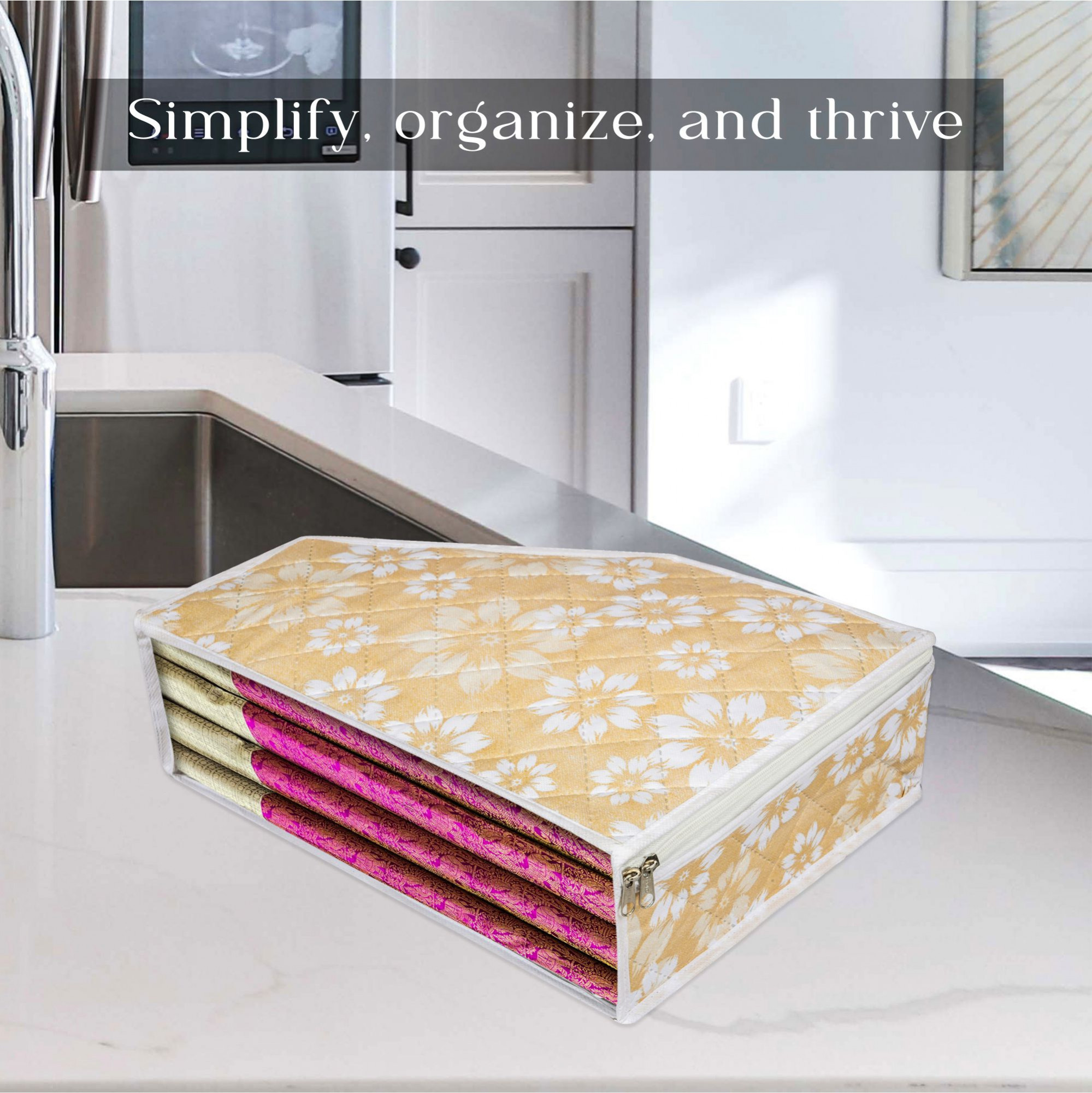 Kuber Industries Blouse Storage Bag  Waterproof Blouse Bag  Side Visible Window Bag  Wardrobe Clothes Organizer  Blouse Protector Bag  Flower Quilted Storage Bag  Pack of 2  Golden