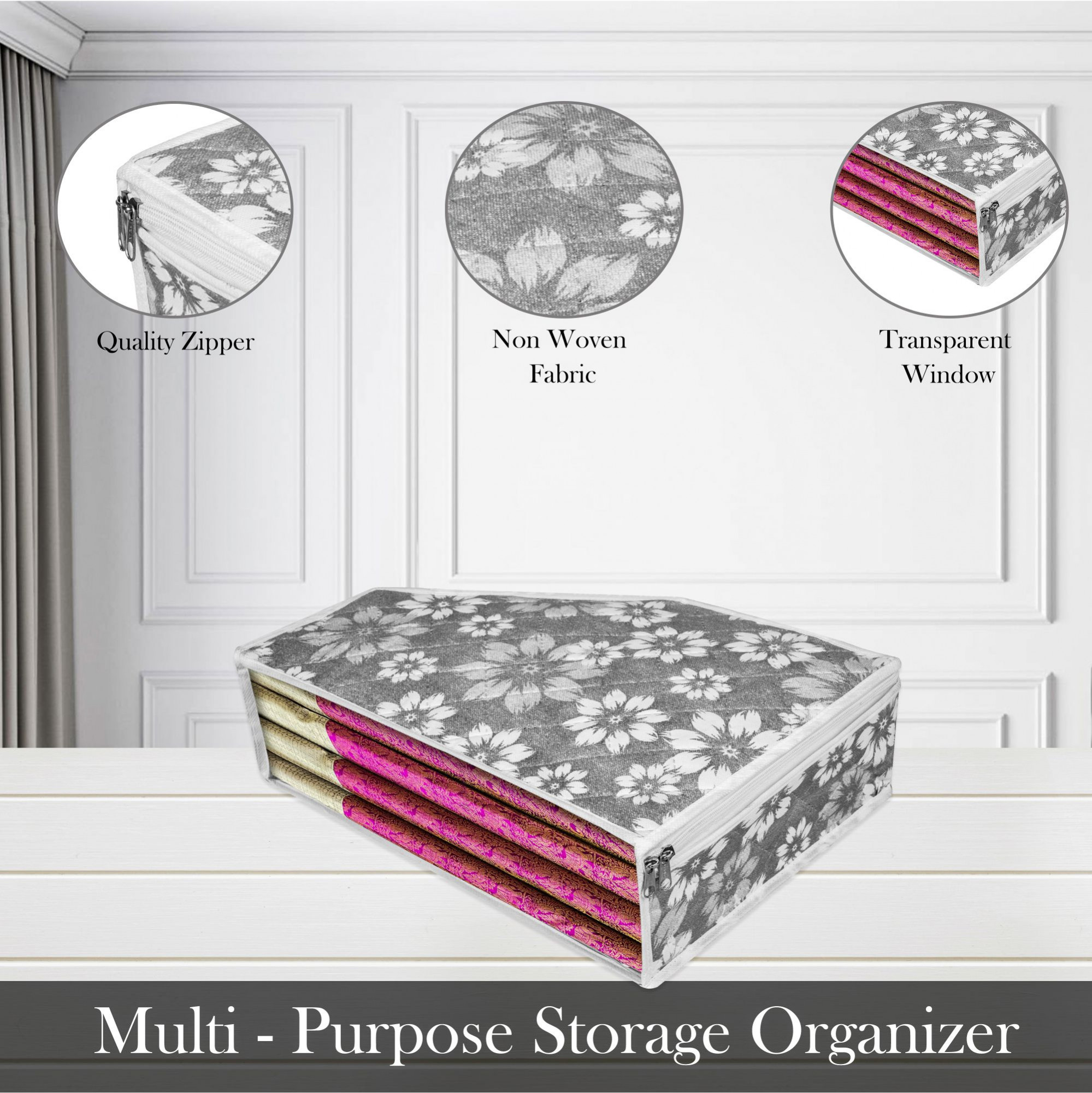 Kuber Industries Blouse Storage Bag  Waterproof Blouse Bag  Side Visible Window Bag  Wardrobe Clothes Organizer  Blouse Protector Bag  Flower Quilted Storage Bag  Pack of 2  Gray