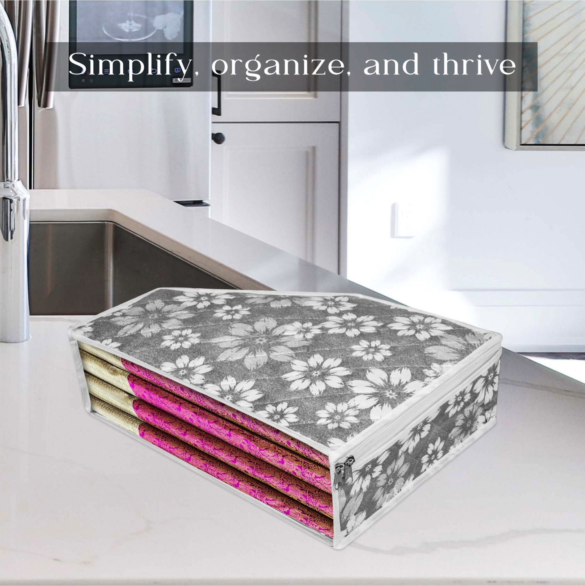 Kuber Industries Blouse Storage Bag  Waterproof Blouse Bag  Side Visible Window Bag  Wardrobe Clothes Organizer  Blouse Protector Bag  Flower Quilted Storage Bag  Pack of 2  Gray