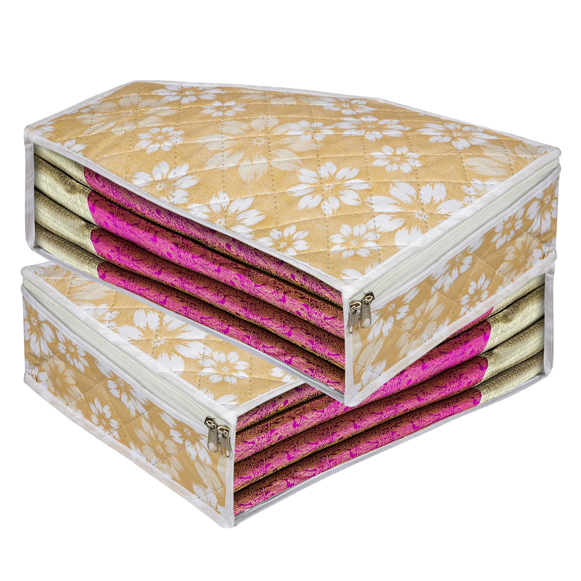 Kuber Industries Blouse Storage Bag | Waterproof Blouse Bag | Side Visible Window Bag | Wardrobe Clothes Organizer | Blouse Protector Bag | Flower Quilted Storage Bag |Golden