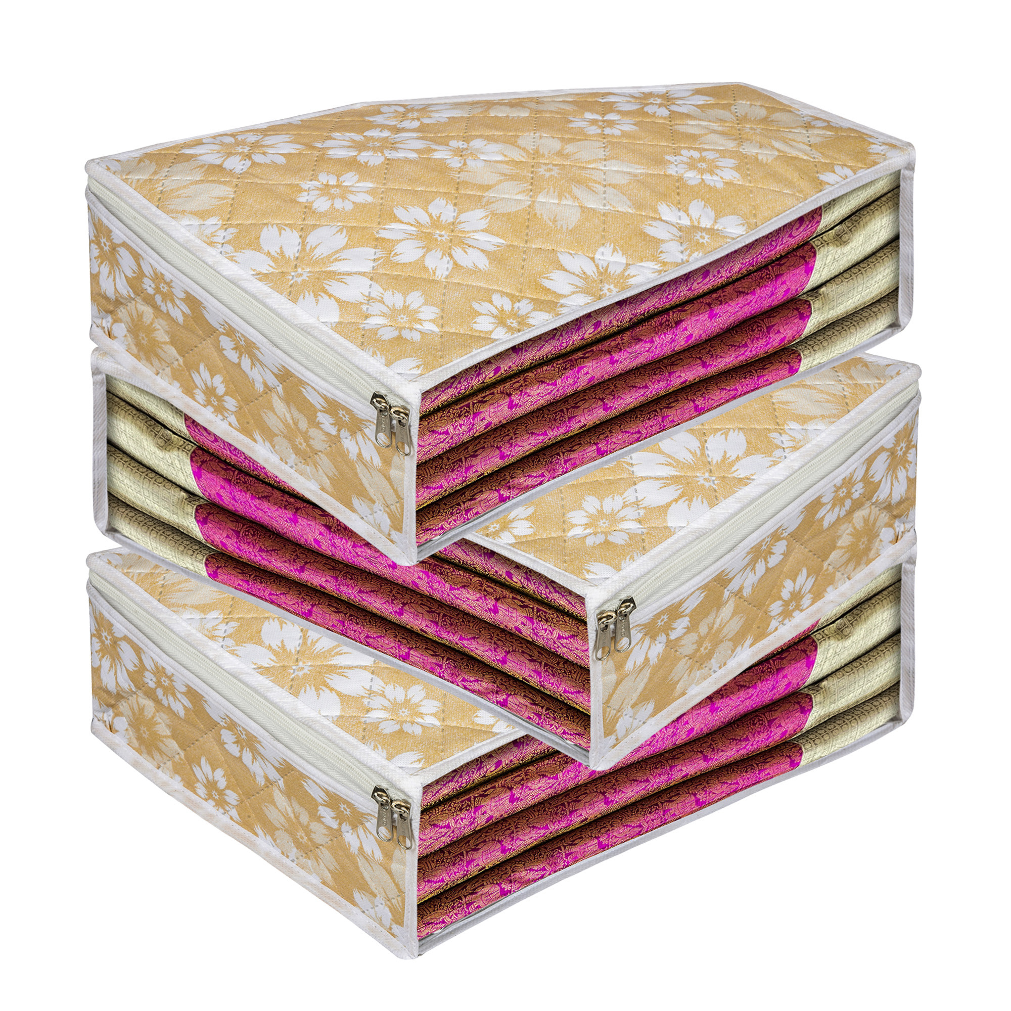 Kuber Industries Blouse Storage Bag | Waterproof Blouse Bag | Side Visible Window Bag | Wardrobe Clothes Organizer | Blouse Protector Bag | Flower Quilted Storage Bag |Golden
