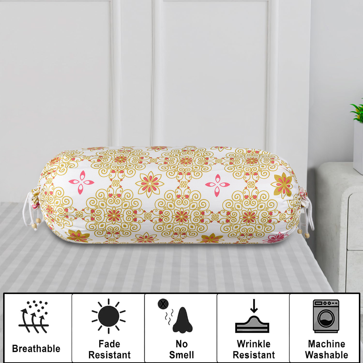 Kuber Industries Bolster Cover | Cotton Bolster Cover Set | Diwan Bolster Cushion Pillow Covers | Bed Side Long Pillow Case | Rangoli Masand Cover | 16x32 Inch | White & Orange