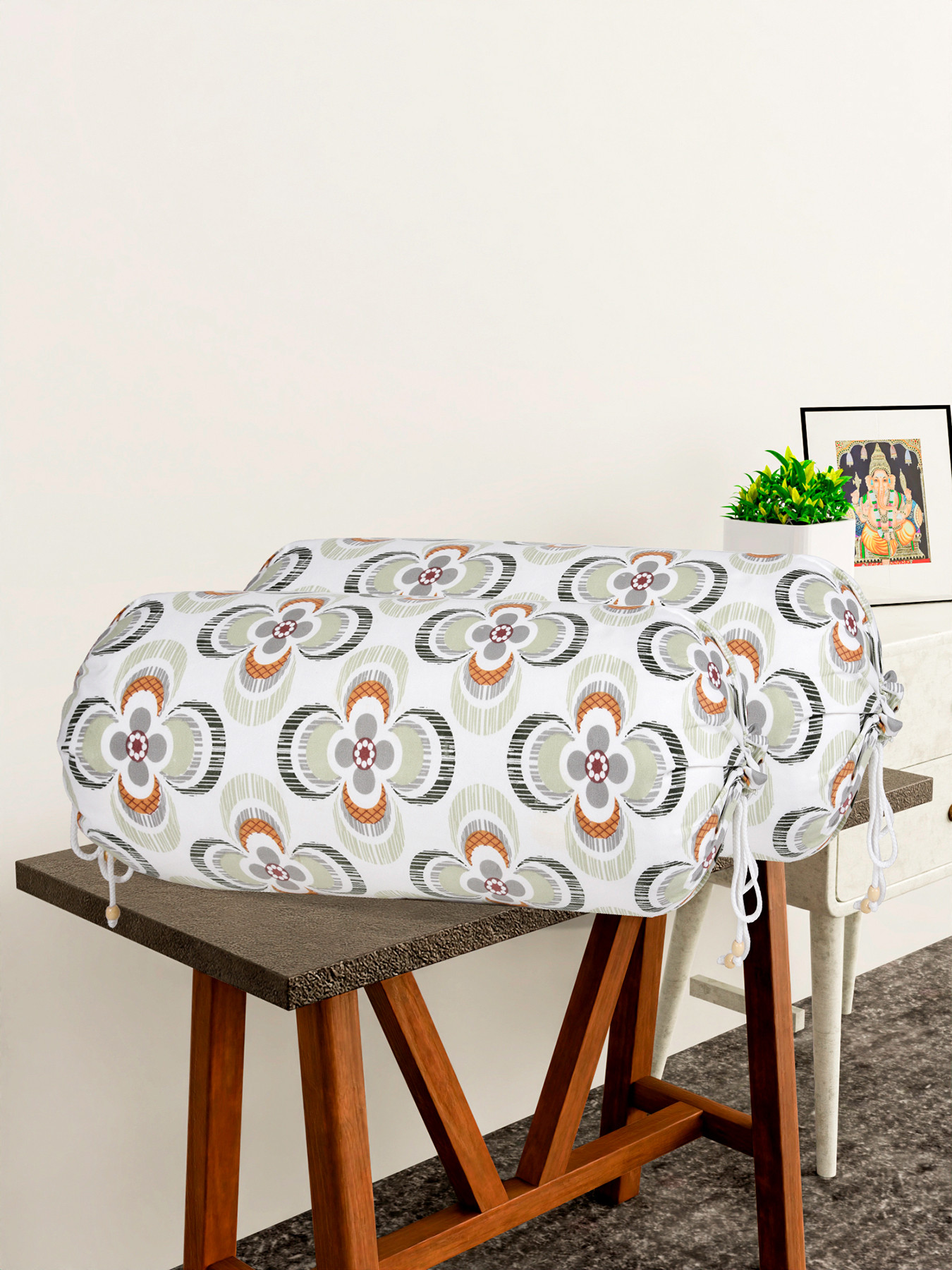 Kuber Industries Bolster Cover  Cotton Masand Pillow Cover  Diwan Round Bolster Pillow Covers  Bolster Cushion Pillow Cover Set  Roll Masand Cover  Green Flower  Pack of 2  White