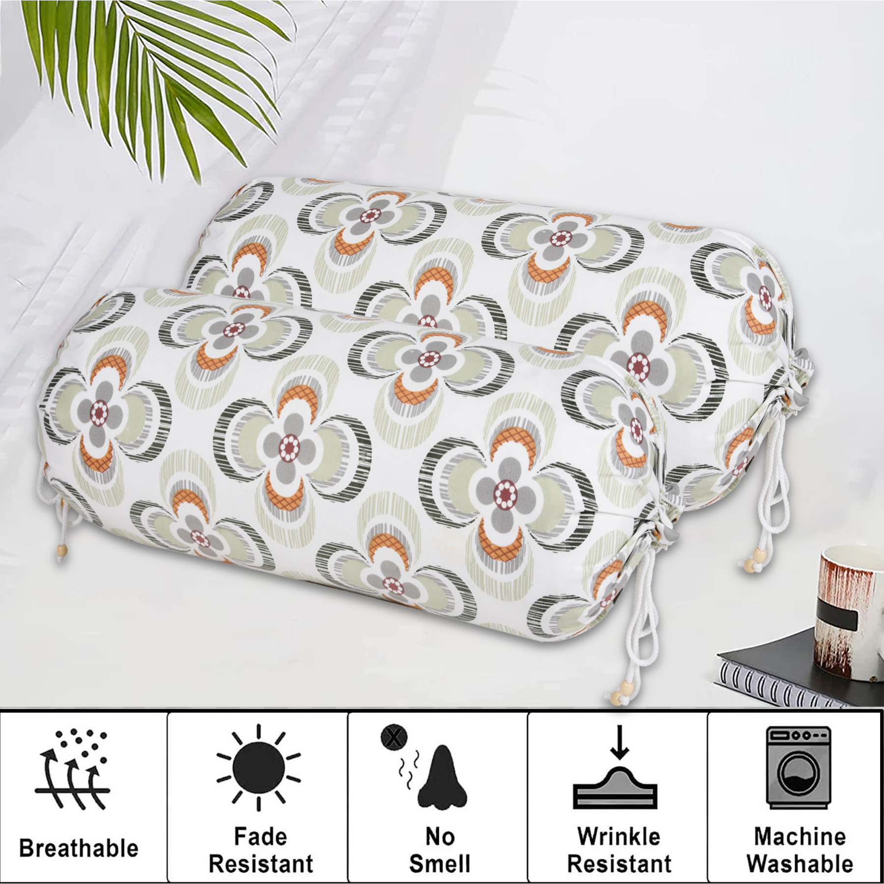 Kuber Industries Bolster Cover  Cotton Masand Pillow Cover  Diwan Round Bolster Pillow Covers  Bolster Cushion Pillow Cover Set  Roll Masand Cover  Green Flower  Pack of 2  White