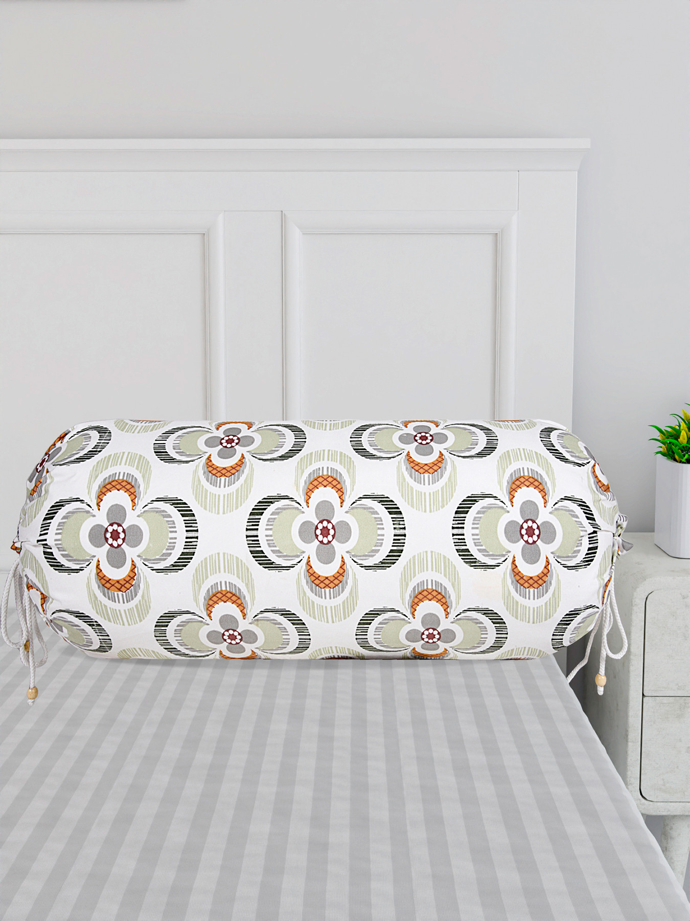 Kuber Industries Bolster Cover  Cotton Masand Pillow Cover  Diwan Round Bolster Pillow Covers  Bolster Cushion Pillow Cover Set  Roll Masand Cover  Green Flower  Pack of 2  White