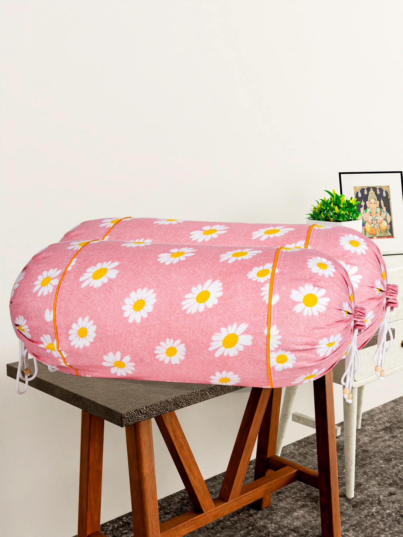 Kuber Industries Bolster Cover  Cotton Masand Pillow Cover  Diwan Round Bolster Pillow Covers  Bolster Cushion Pillow Cover Set  Roll Masand Cover  White Flower  Pack of 2  Pink