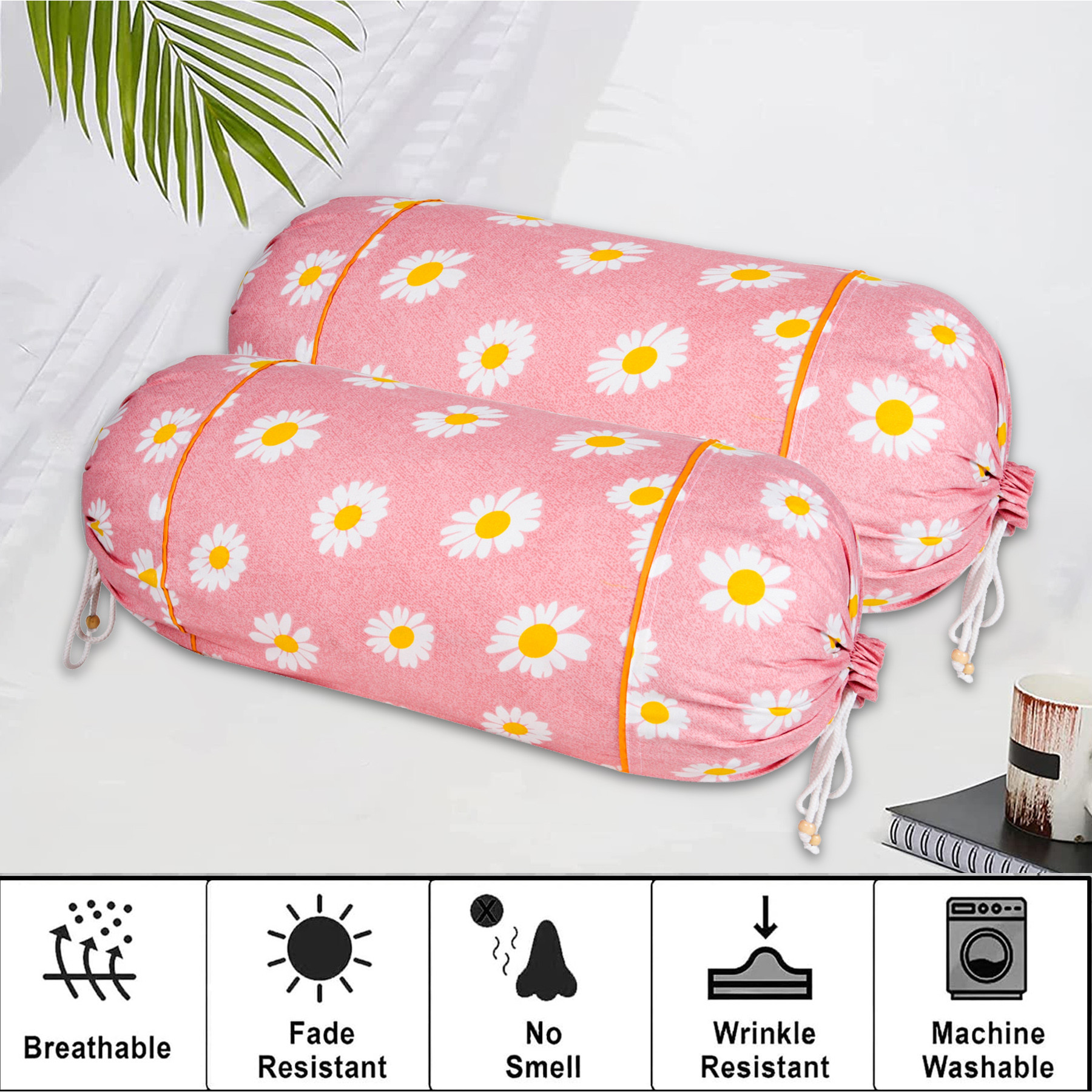 Kuber Industries Bolster Cover  Cotton Masand Pillow Cover  Diwan Round Bolster Pillow Covers  Bolster Cushion Pillow Cover Set  Roll Masand Cover  White Flower  Pack of 2  Pink