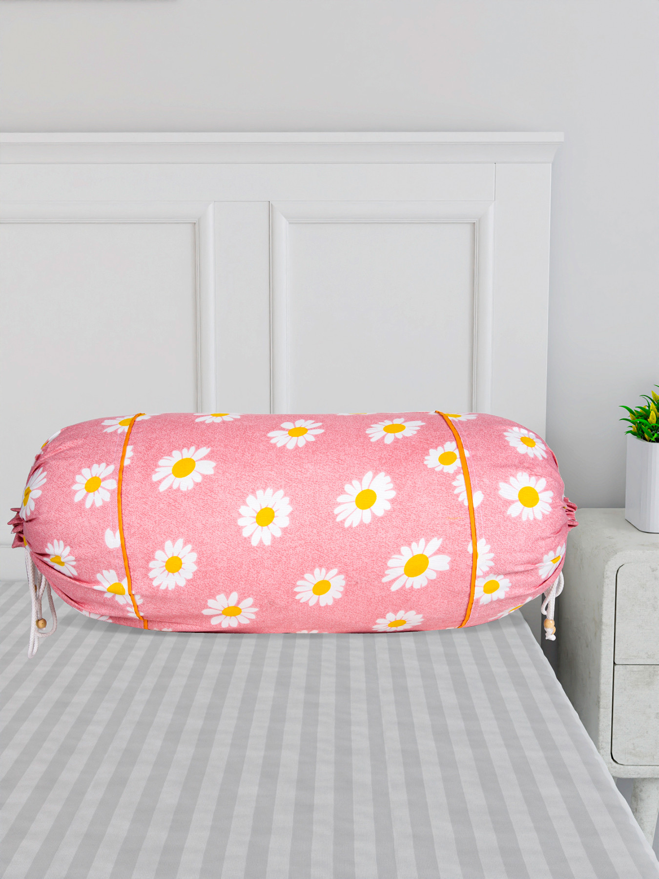 Kuber Industries Bolster Cover  Cotton Masand Pillow Cover  Diwan Round Bolster Pillow Covers  Bolster Cushion Pillow Cover Set  Roll Masand Cover  White Flower  Pack of 2  Pink