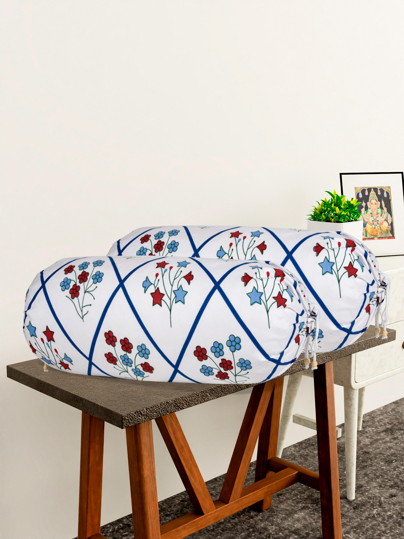 Kuber Industries Bolster Cover  Cotton Masand Pillow Cover  Diwan Round Bolster Pillow Covers  Bolster Cushion Pillow Cover Set  Roll Masand Cover  Flower Katli  Pack of 2  White  Blue