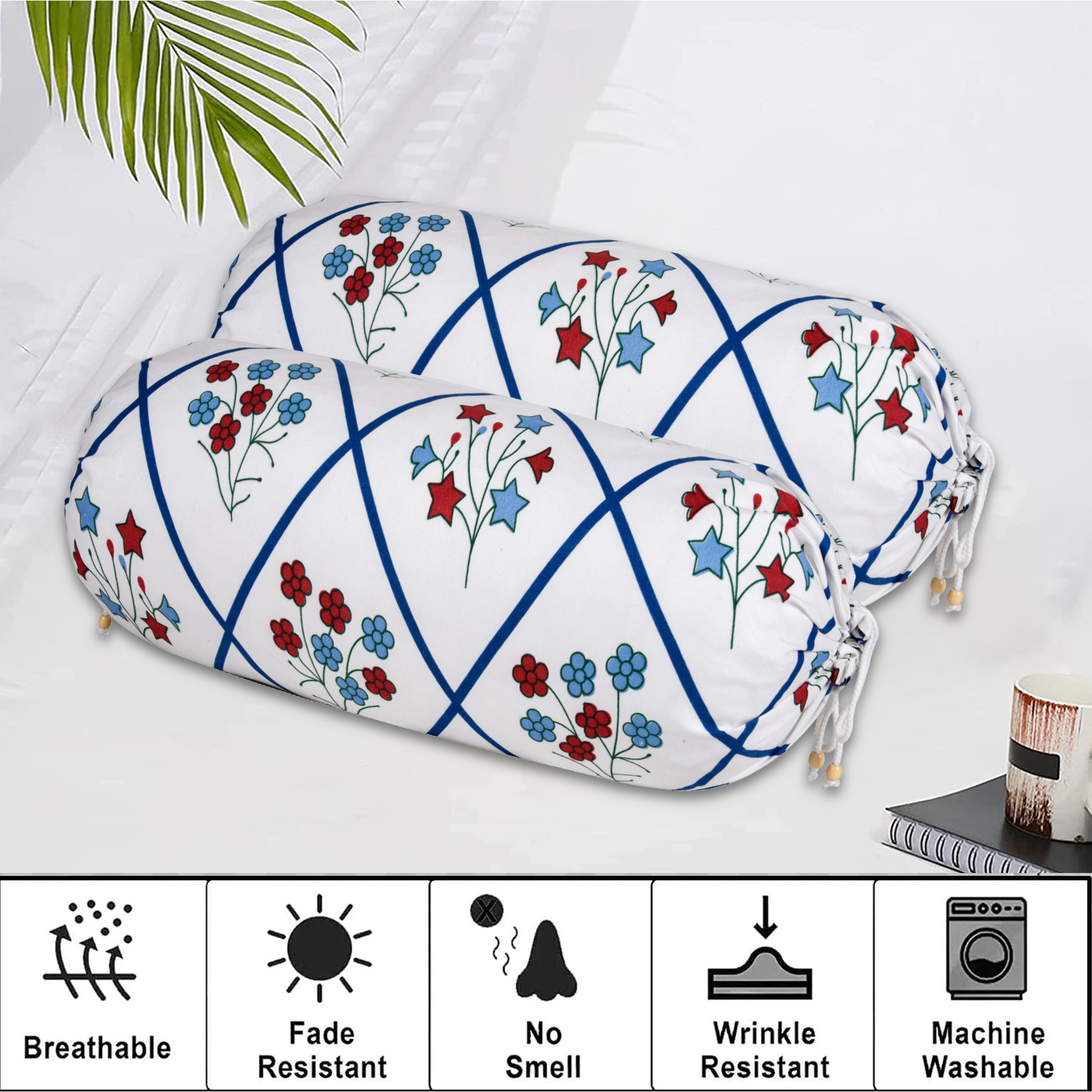 Kuber Industries Bolster Cover  Cotton Masand Pillow Cover  Diwan Round Bolster Pillow Covers  Bolster Cushion Pillow Cover Set  Roll Masand Cover  Flower Katli  Pack of 2  White  Blue