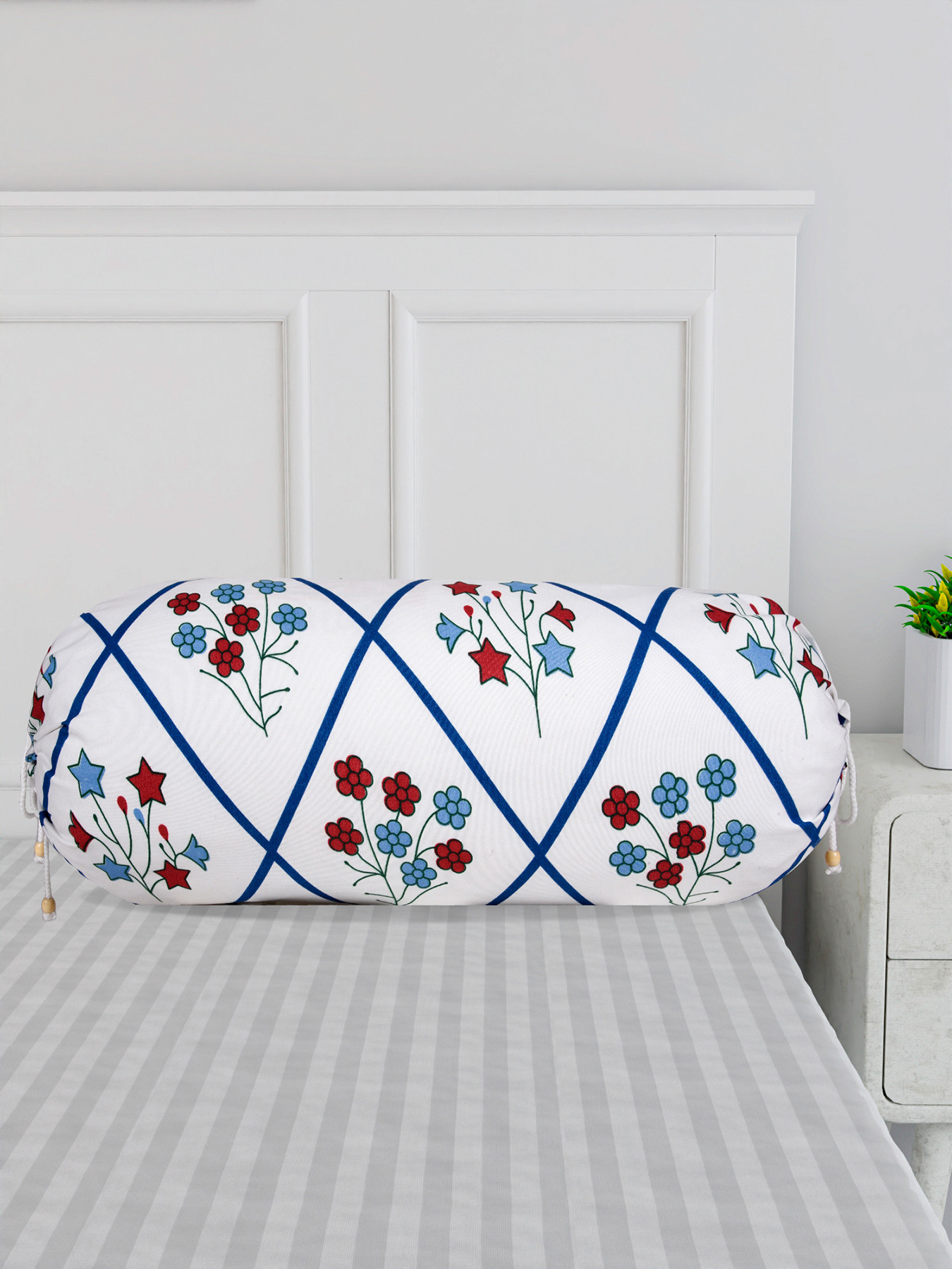 Kuber Industries Bolster Cover  Cotton Masand Pillow Cover  Diwan Round Bolster Pillow Covers  Bolster Cushion Pillow Cover Set  Roll Masand Cover  Flower Katli  Pack of 2  White  Blue