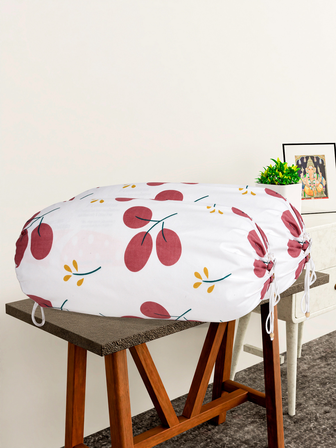 Kuber Industries Bolster Cover  Cotton Masand Pillow Cover  Diwan Round Bolster Pillow Covers  Bolster Cushion Pillow Cover Set  Roll Masand Cover  Red Cherry  Pack of 2  White