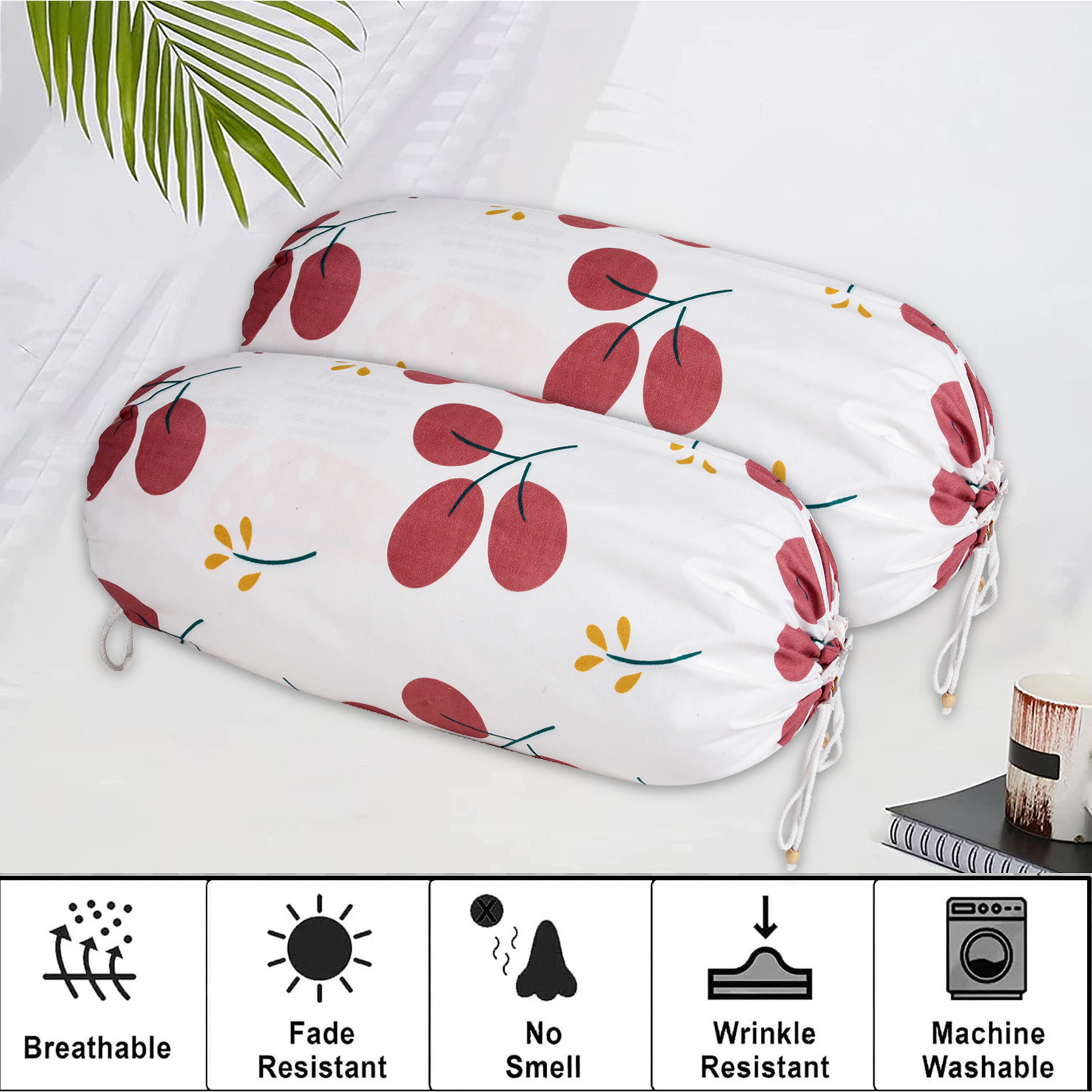 Kuber Industries Bolster Cover  Cotton Masand Pillow Cover  Diwan Round Bolster Pillow Covers  Bolster Cushion Pillow Cover Set  Roll Masand Cover  Red Cherry  Pack of 2  White