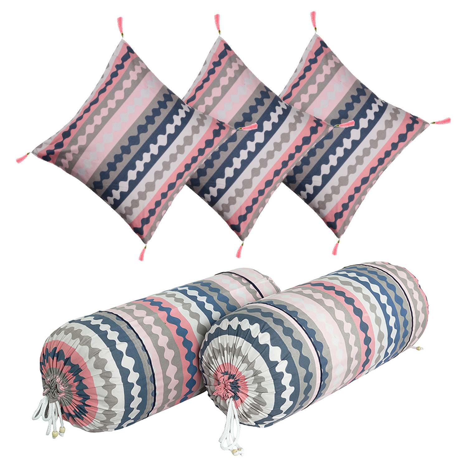 Kuber Industries Bolster Cover | Soft Cotton 2 Piece Bolster Cover Set  | 3 Piece Square Cushion Cover Set | Zig Zag Design Bolster & Cushion Cover Set | Pack of 5  | Multicolor