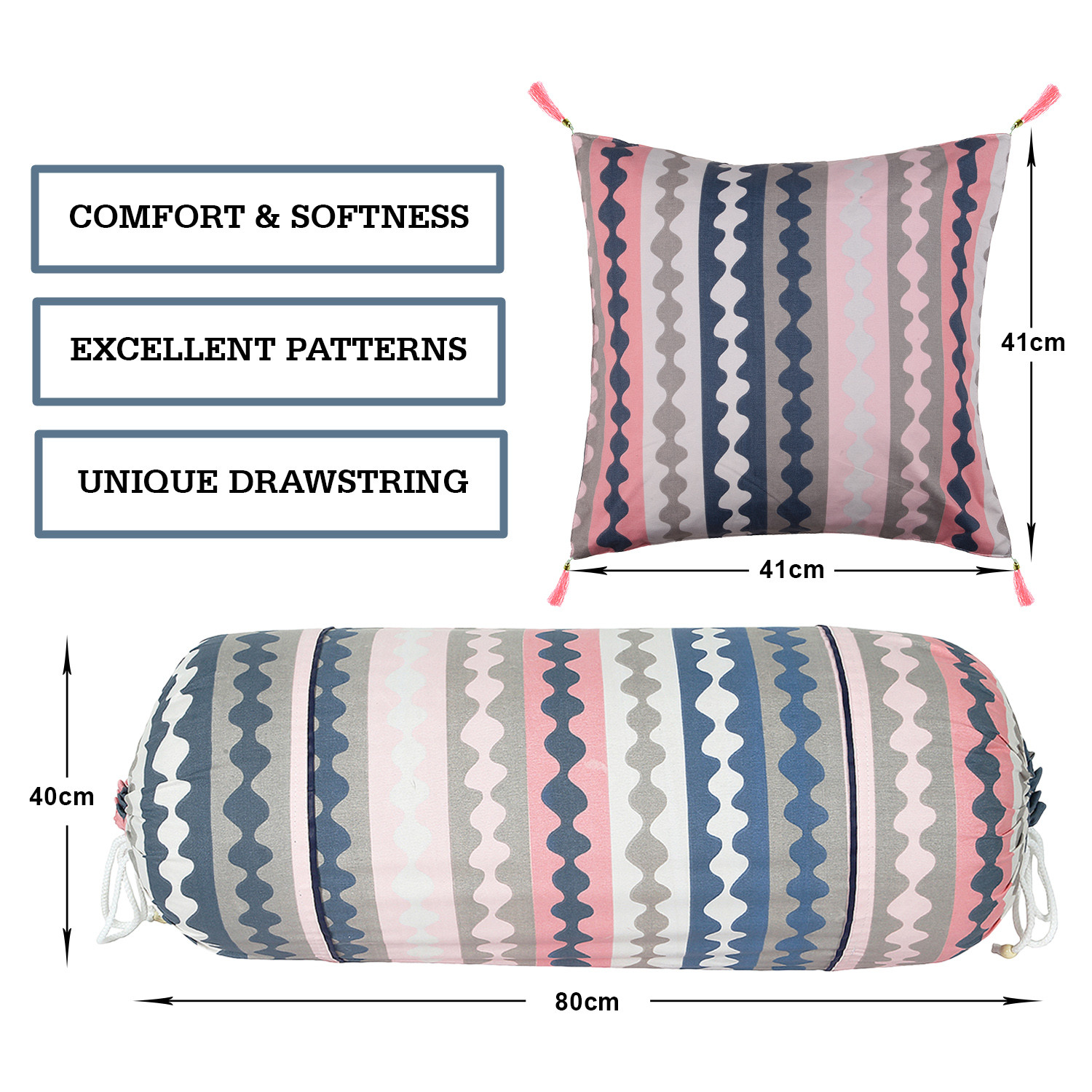 Kuber Industries Bolster Cover | Soft Cotton 2 Piece Bolster Cover Set  | 3 Piece Square Cushion Cover Set | Zig Zag Design Bolster & Cushion Cover Set | Pack of 5  | Multicolor