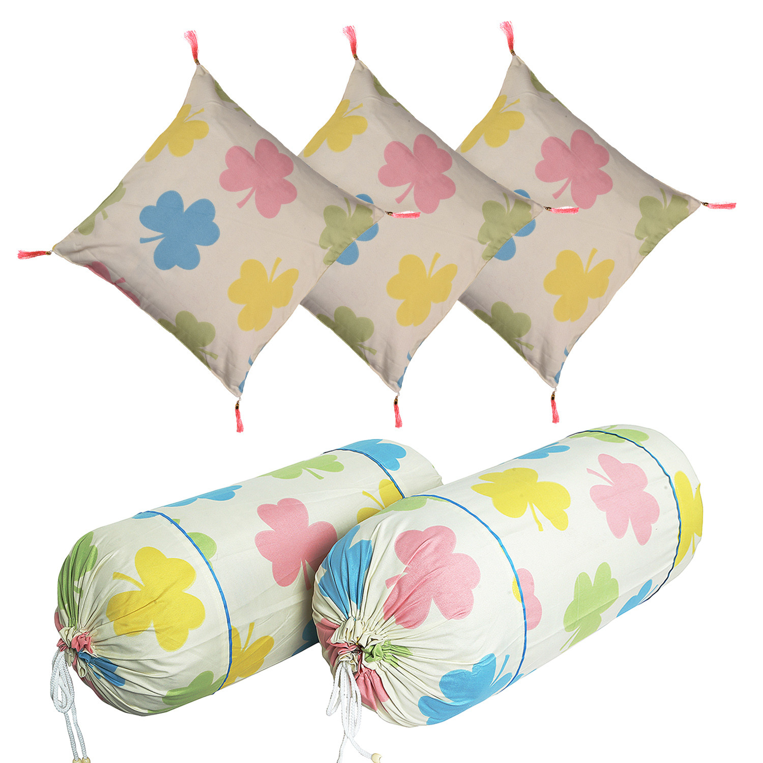 Kuber Industries Bolster Cover | Soft Cotton 2 Piece Bolster Cover Set  | 3 Piece Square Cushion Cover Set | Multi-Flower Design Bolster & Cushion Cover Set | Pack of 5  | Cream