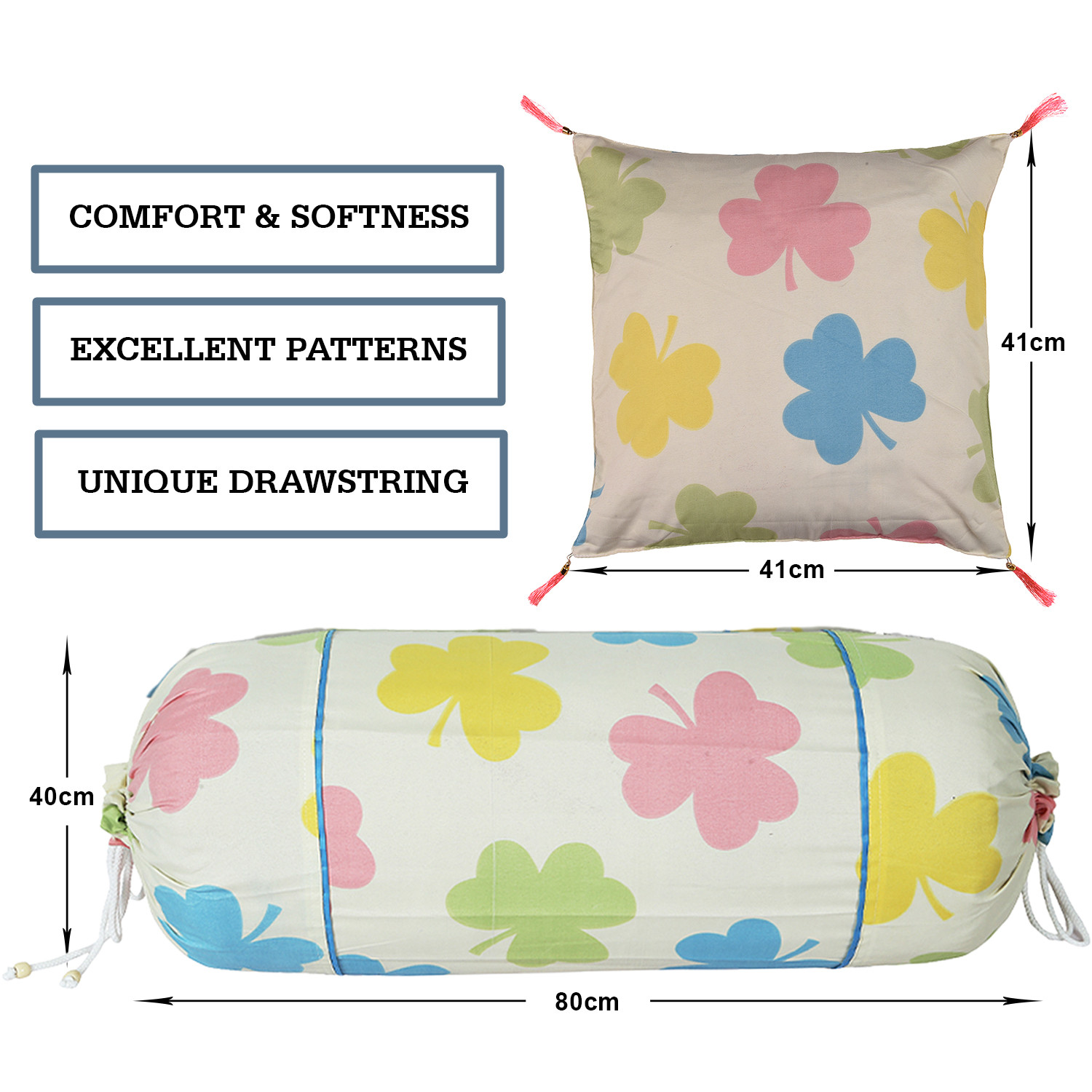 Kuber Industries Bolster Cover | Soft Cotton 2 Piece Bolster Cover Set  | 3 Piece Square Cushion Cover Set | Multi-Flower Design Bolster & Cushion Cover Set | Pack of 5  | Cream