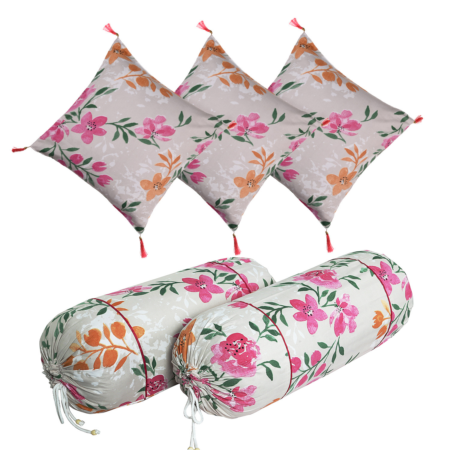 Kuber Industries Bolster Cover | Soft Cotton 2 Piece Bolster Cover Set  | 3 Piece Square Cushion Cover Set | Green Leaf Print Bolster & Cushion Cover Set | Pack of 5  | Multicolor