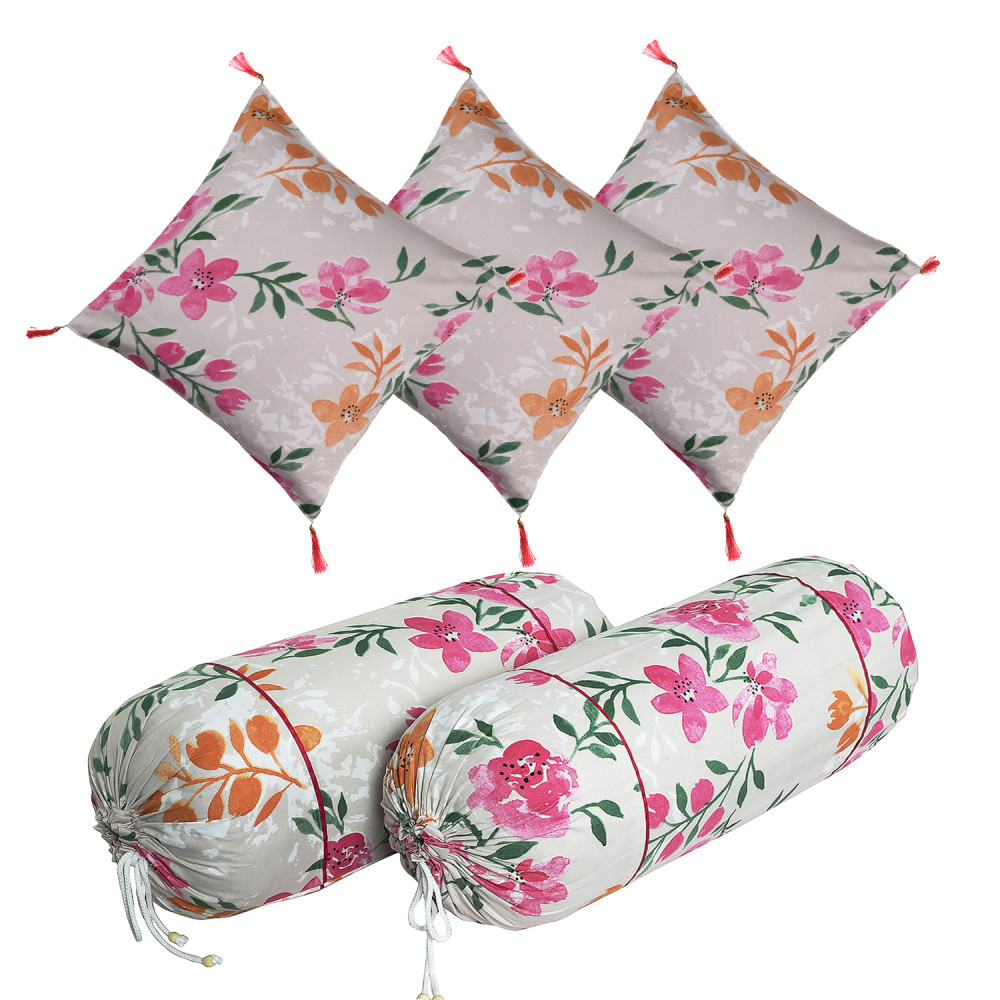 Kuber Industries Bolster Cover | Soft Cotton 2 Piece Bolster Cover Set  | 3 Piece Square Cushion Cover Set | Green Leaf Print Bolster &amp; Cushion Cover Set | Pack of 5  | Multicolor