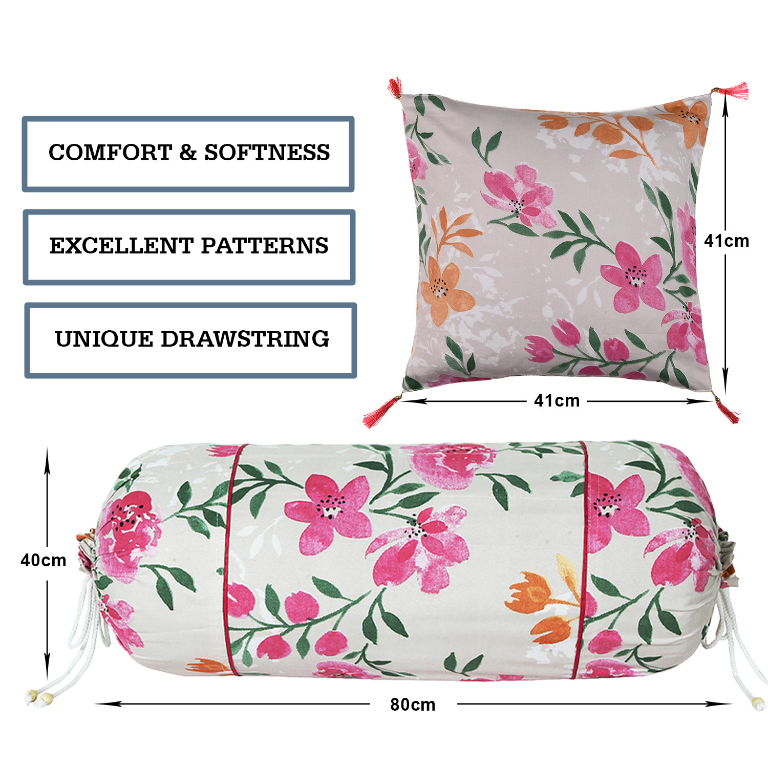 Kuber Industries Bolster Cover | Soft Cotton 2 Piece Bolster Cover Set  | 3 Piece Square Cushion Cover Set | Green Leaf Print Bolster & Cushion Cover Set | Pack of 5  | Multicolor