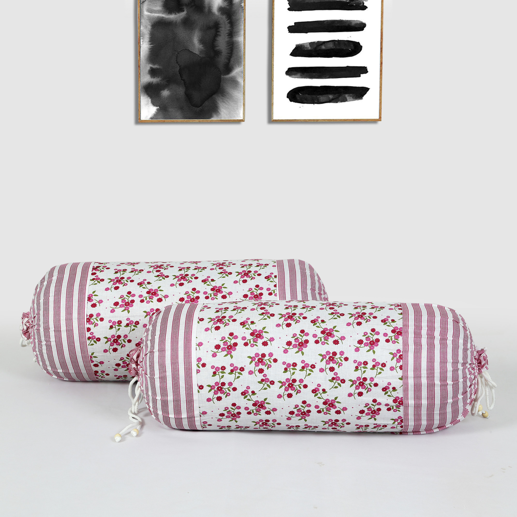 Kuber Industries Bolster Covers  Cotton Bolster Cover Set  Diwan Bolster Cover Set  Bolster Pillow Cover  Pink Flower Masand Cover  16x32 Inch  Pack of 2  White