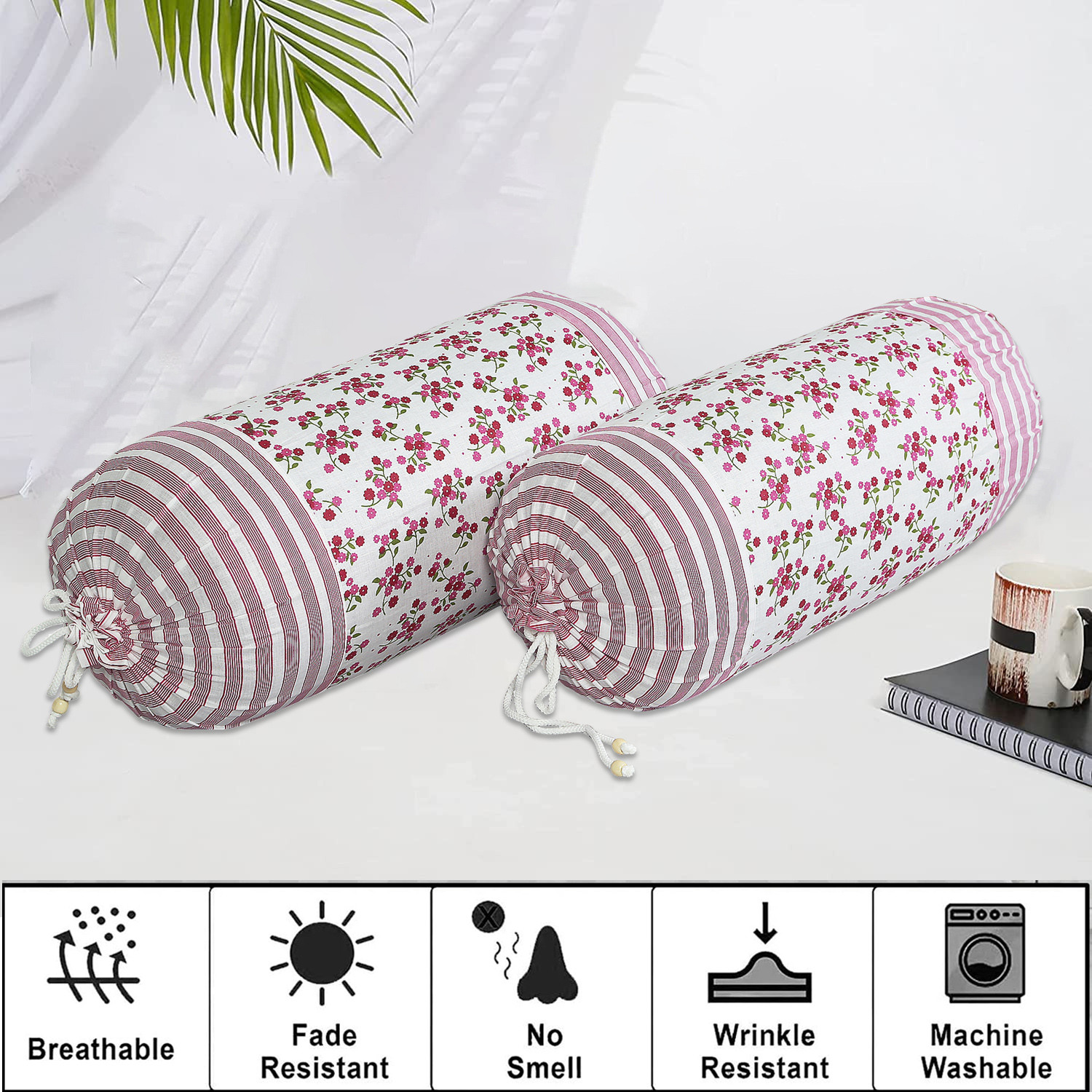 Kuber Industries Bolster Covers  Cotton Bolster Cover Set  Diwan Bolster Cover Set  Bolster Pillow Cover  Pink Flower Masand Cover  16x32 Inch  Pack of 2  White