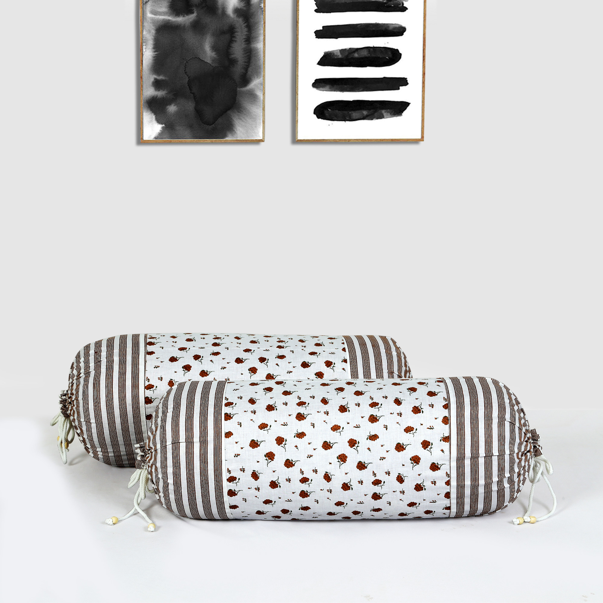 Kuber Industries Bolster Covers  Cotton Bolster Cover Set  Diwan Bolster Cover Set  Bolster Pillow Cover  Brown Flower Masand Cover  16x32 Inch  Pack of 2  White