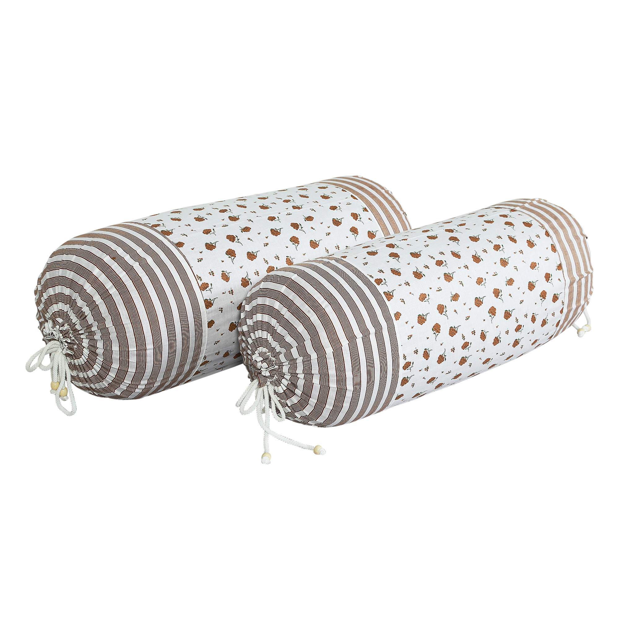 Kuber Industries Bolster Covers  Cotton Bolster Cover Set  Diwan Bolster Cover Set  Bolster Pillow Cover  Brown Flower Masand Cover  16x32 Inch  Pack of 2  White