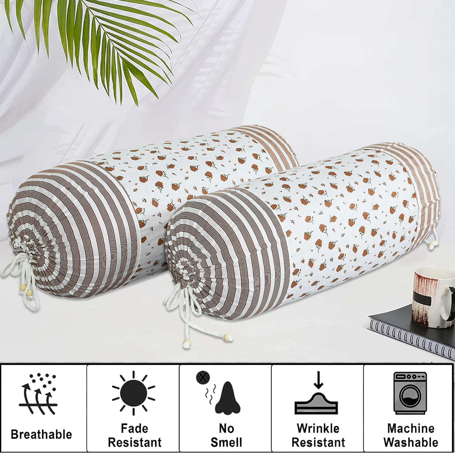 Kuber Industries Bolster Covers  Cotton Bolster Cover Set  Diwan Bolster Cover Set  Bolster Pillow Cover  Brown Flower Masand Cover  16x32 Inch  Pack of 2  White
