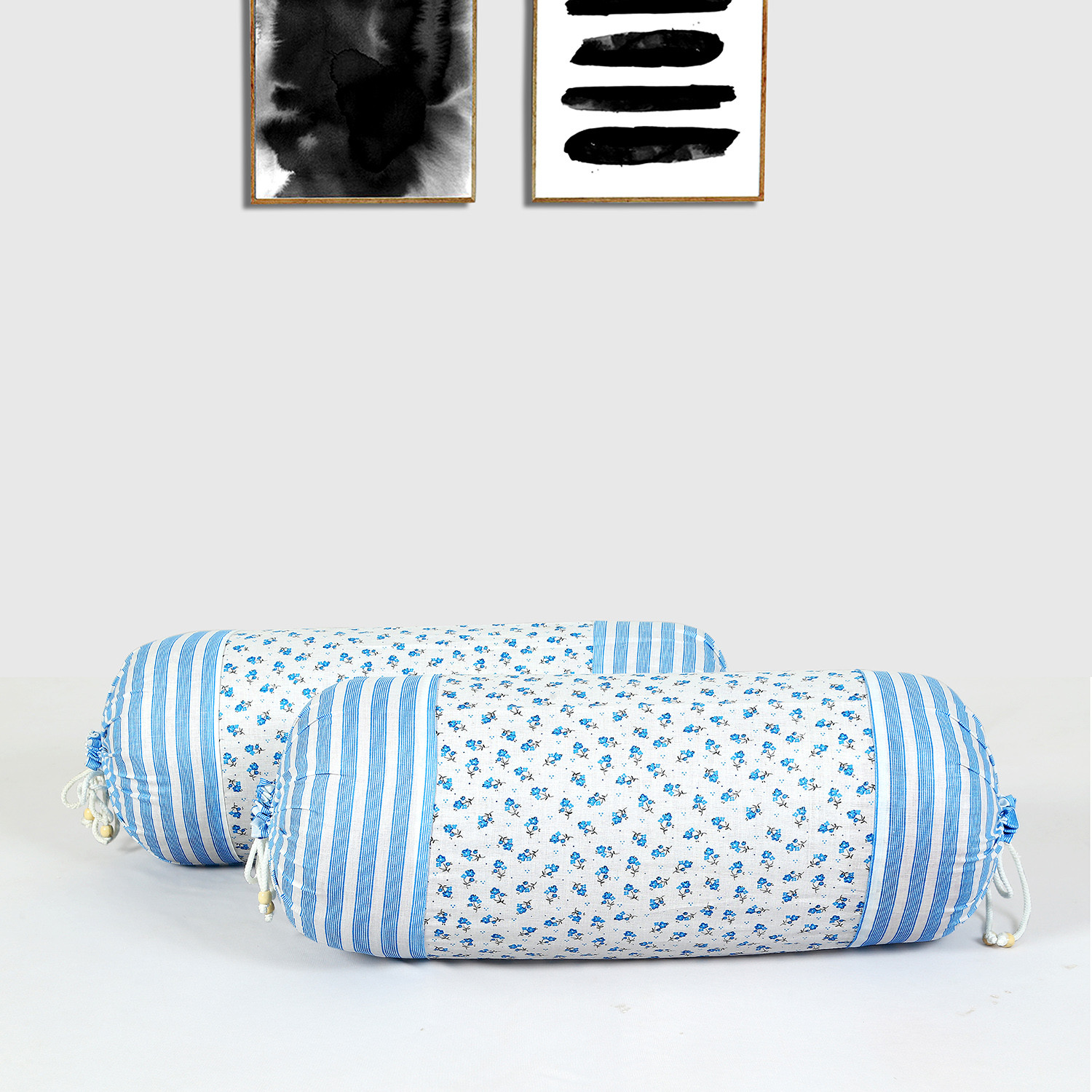 Kuber Industries Bolster Covers  Cotton Bolster Cover Set  Diwan Bolster Cover Set  Bolster Pillow Cover  Blue Flower Masand Cover  16x32 Inch  Pack of 2  White