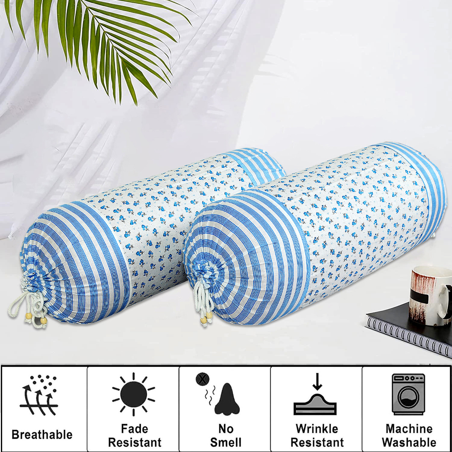 Kuber Industries Bolster Covers  Cotton Bolster Cover Set  Diwan Bolster Cover Set  Bolster Pillow Cover  Blue Flower Masand Cover  16x32 Inch  Pack of 2  White