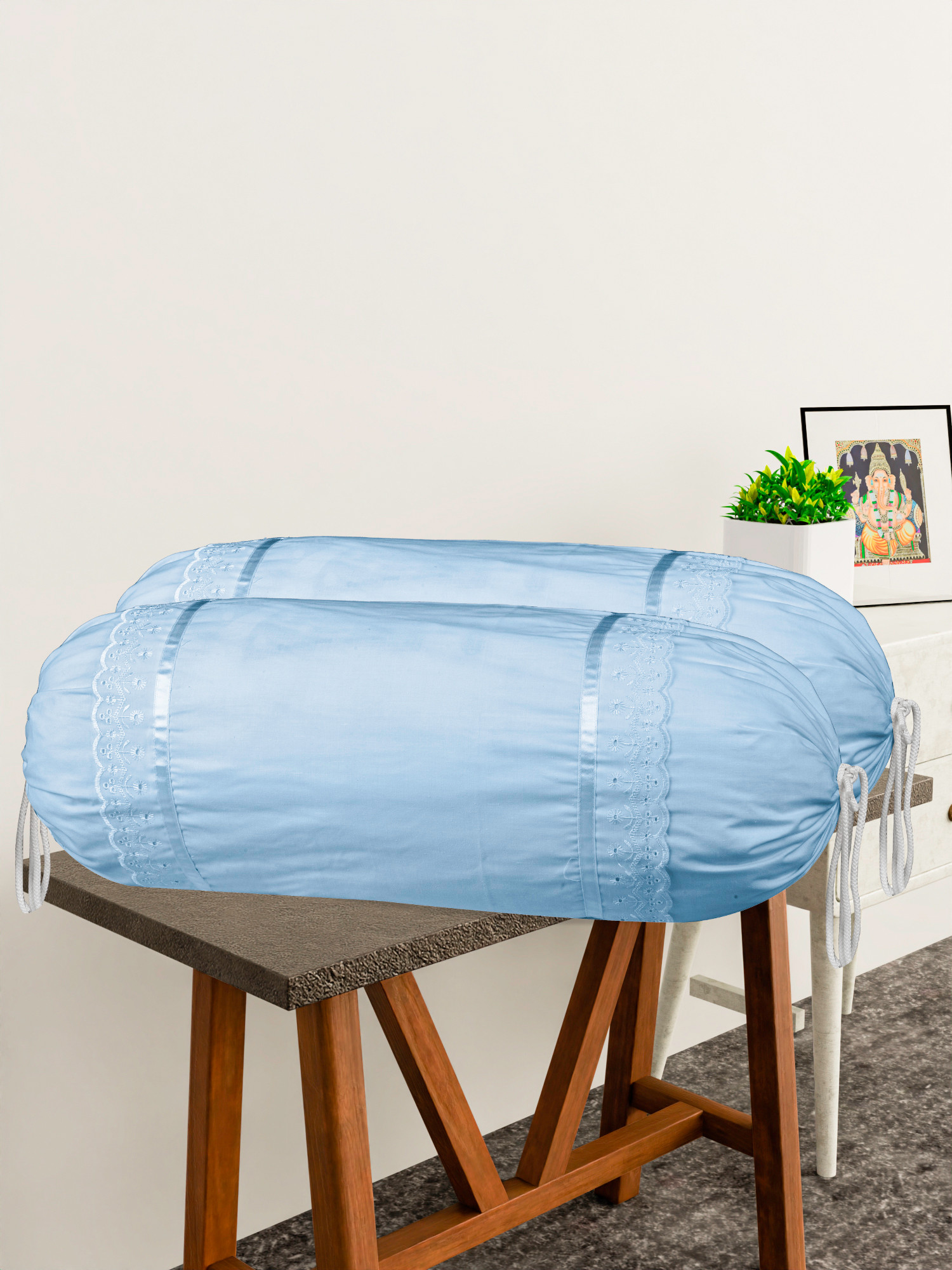 Kuber Industries Bolster Covers  Cotton Bolster Cover Set  Diwan Bolster Cover Set  Bolster Pillow Cover  Plain Lace Print Masand Cover  16x32 Inch  Pack of 2  Sky Blue