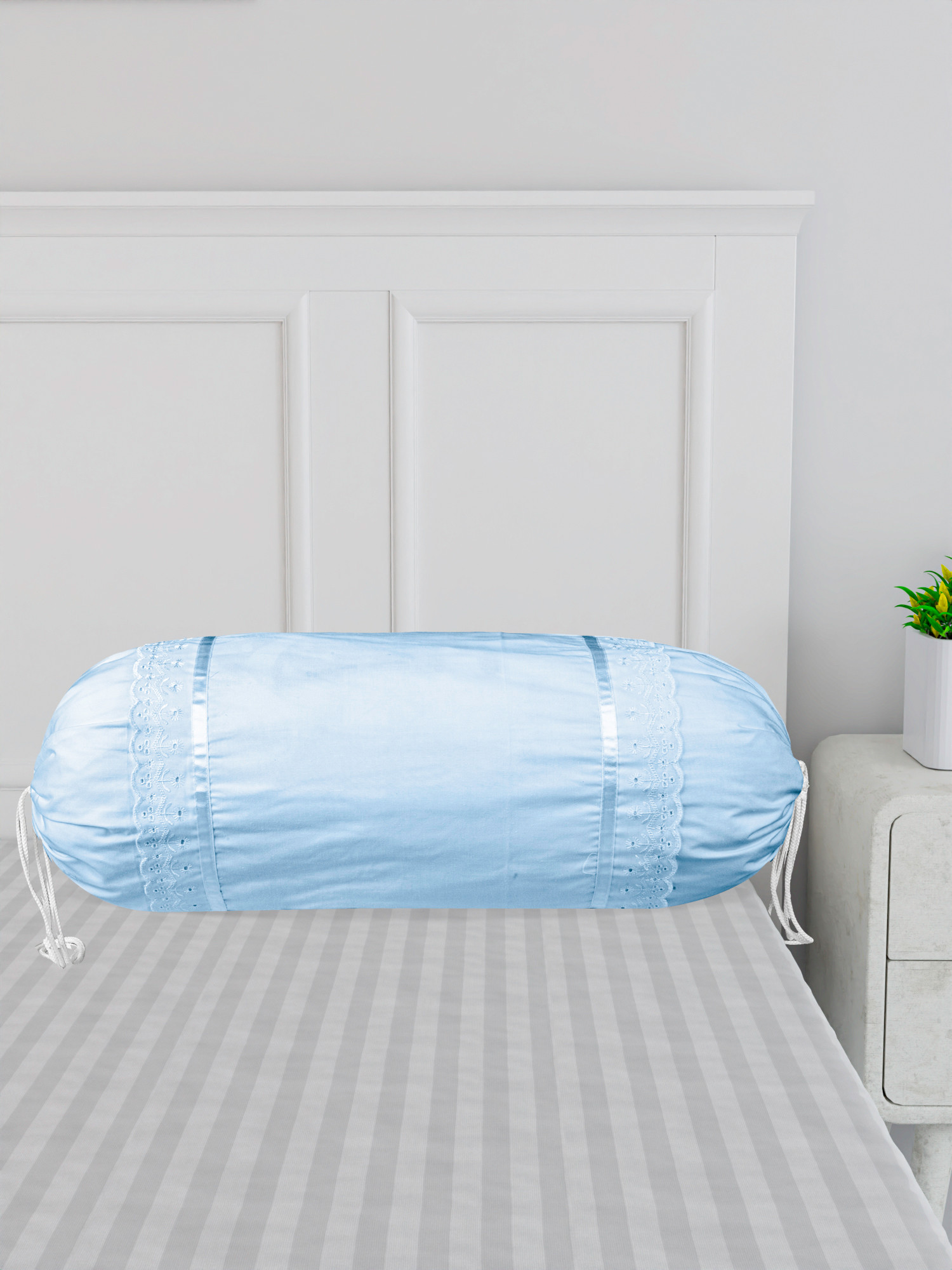 Kuber Industries Bolster Covers  Cotton Bolster Cover Set  Diwan Bolster Cover Set  Bolster Pillow Cover  Plain Lace Print Masand Cover  16x32 Inch  Pack of 2  Sky Blue