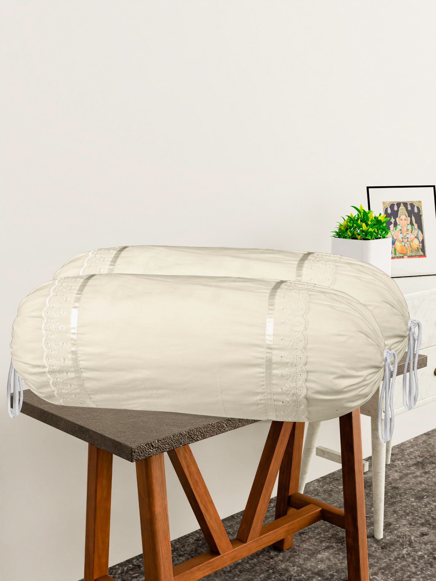 Kuber Industries Bolster Covers  Cotton Bolster Cover Set  Diwan Bolster Cover Set  Bolster Pillow Cover  Plain Lace Print Masand Cover  16x32 Inch  Pack of 2  Cream