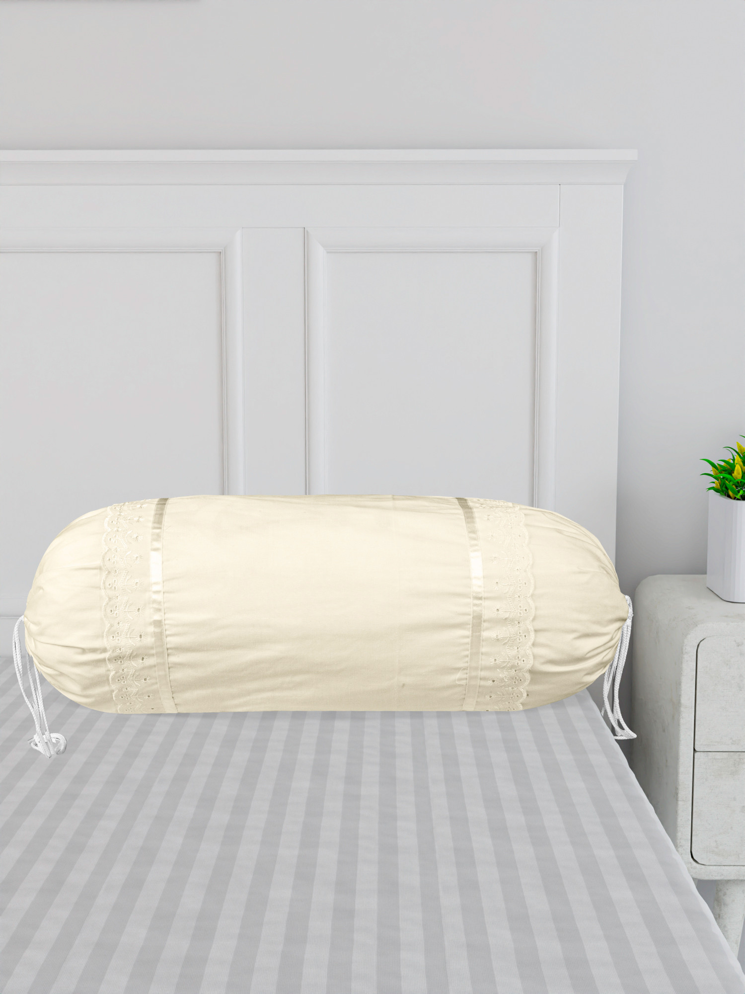 Kuber Industries Bolster Covers  Cotton Bolster Cover Set  Diwan Bolster Cover Set  Bolster Pillow Cover  Plain Lace Print Masand Cover  16x32 Inch  Pack of 2  Cream