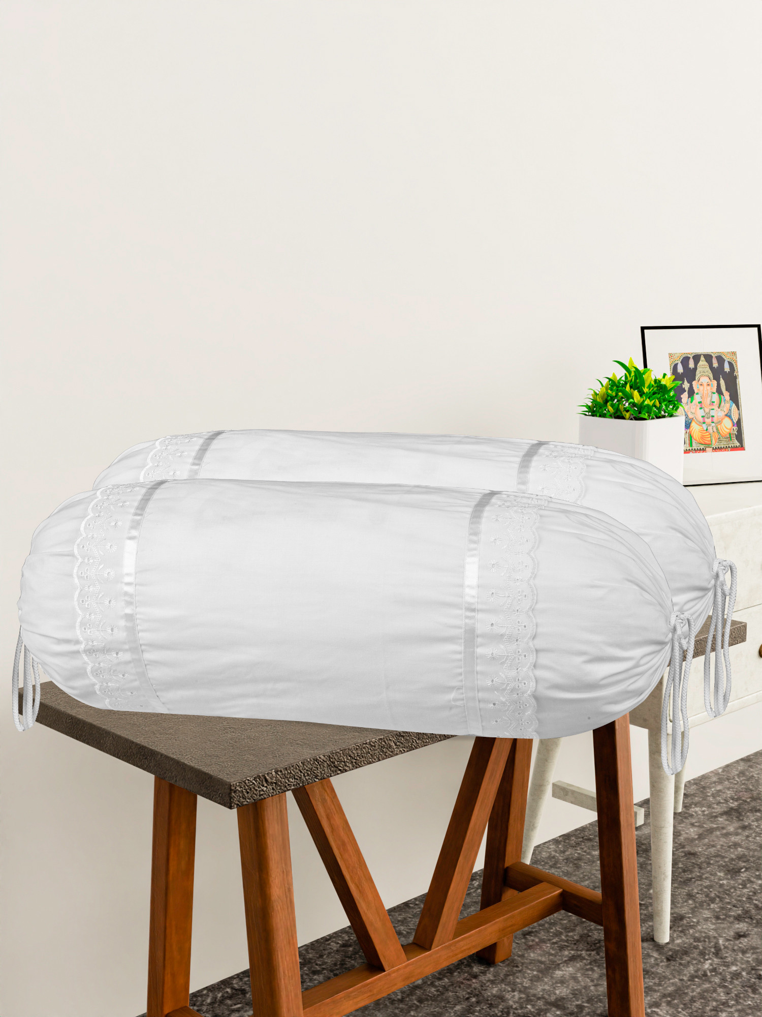 Kuber Industries Bolster Covers  Cotton Bolster Cover Set  Diwan Bolster Cover Set  Bolster Pillow Cover  Plain Lace Print Masand Cover  16x32 Inch  Pack of 2  White